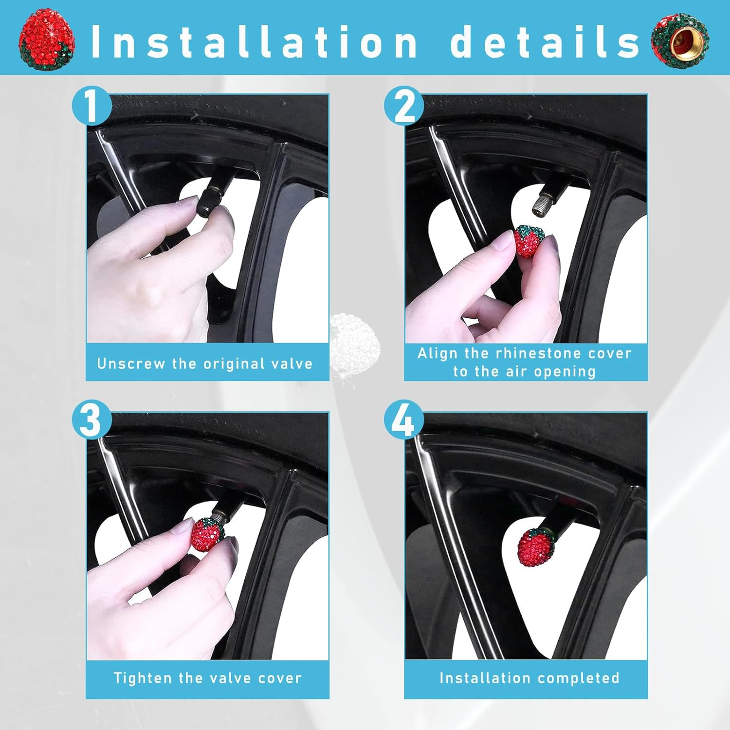 Ziciner 4PCS Strawberry Car Tire Valve Stem Caps, Bling Crystal Rhinestone Tire Valve Stem Covers, Dustproof Wheel Valve Covers for Women, Universal Car Accessories for Most Vehicles (Red) - Red image number 2