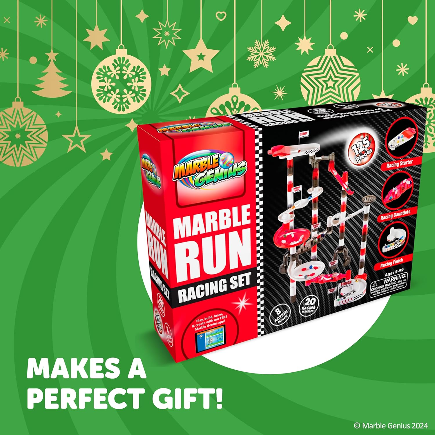 Marble Genius Marble Run Racing Set (125 Pieces) with Designer Marbles, Racing Action Pieces, & Tournament Board image number 1