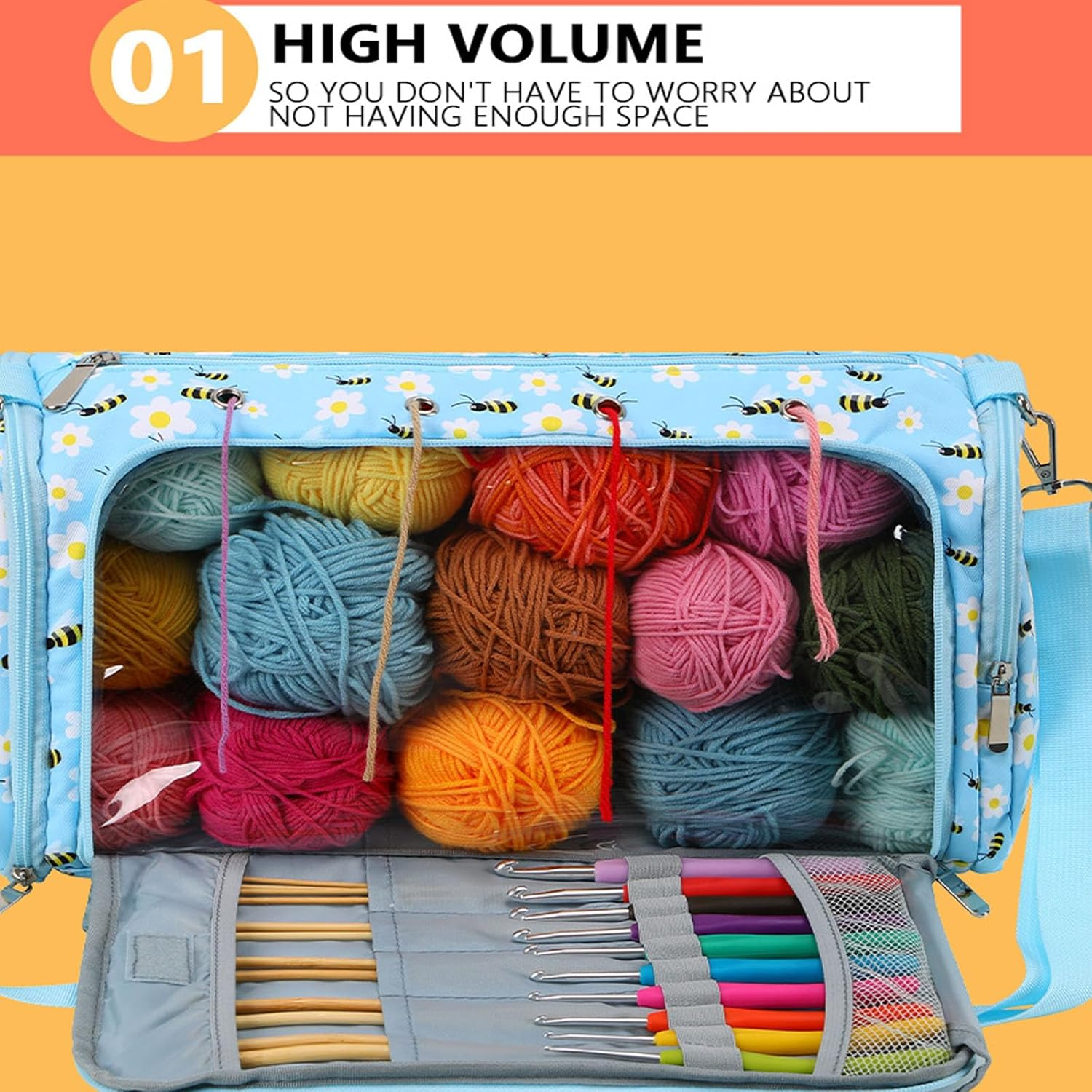 Yarn Bag with Holes for Crochet, Traveling Yarn Storage Organizer Crochet Bag and Tote for Crochet Supplies, Store Huge Amount of Stuff, Carry-On Carrier Bag Case Gifts for People Who Crochet image number 5