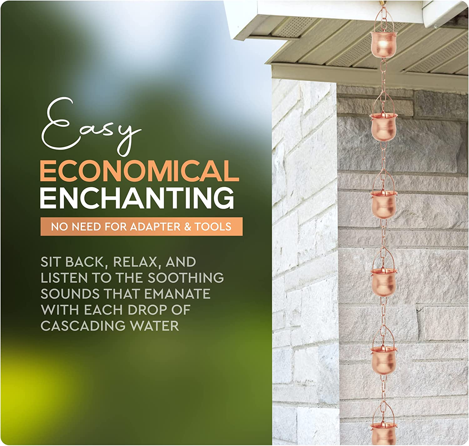 Copper Rain Chain - Decorative Chimes & Cups Replace Gutter Downspout & Divert Water Away from Home for Stunning Fountain Display - 8.5' Long for Universal Fit - Pot Style image number 5