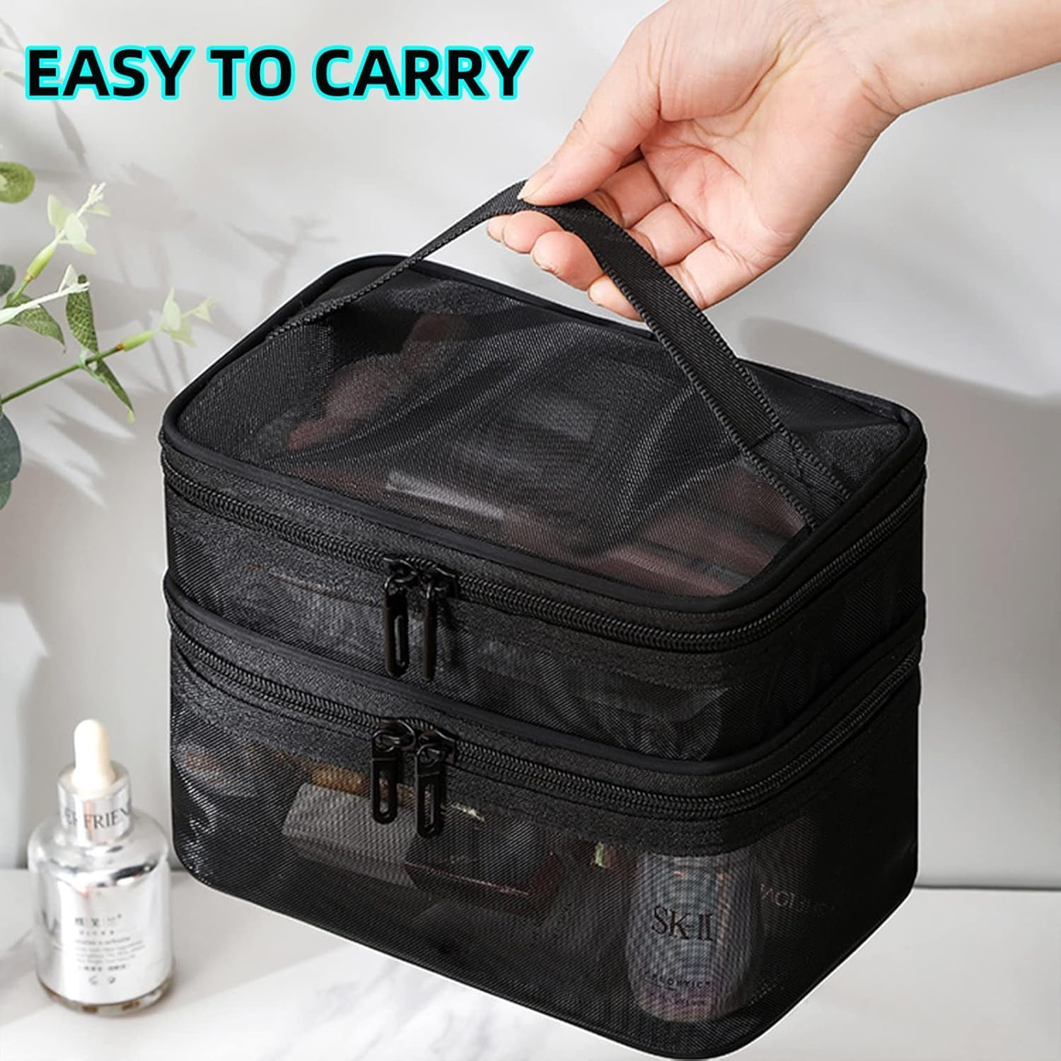 Double Layer Mesh Makeup Bag，Cosmetic Bag，Small Travel Kit Storage Pouch Clear Portable Toiletry Bags image number 2