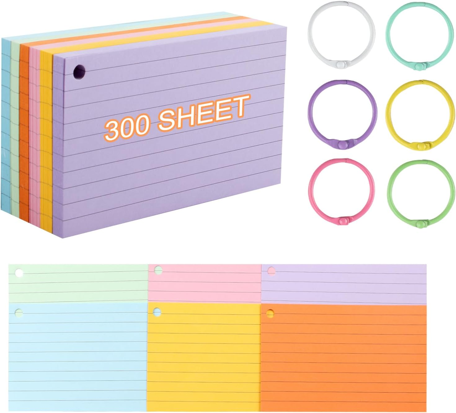 300 Pcs Index Cards，6 Pack Flash Cards Revision Coloured Card Mini Notepads with Binder Rings for Study Office Notepads School Learning Memo 5"&times;3" image number 2