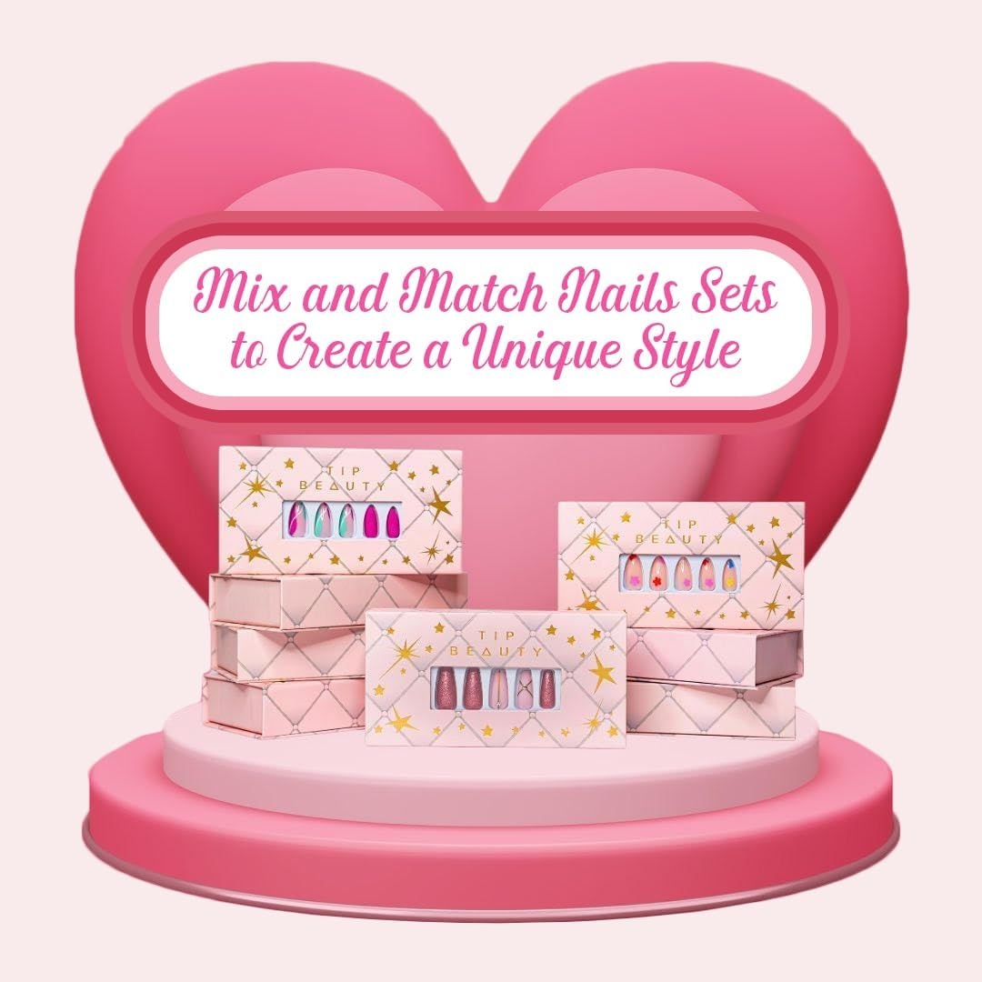 Tip Beauty Coffin Collections | 28 Faux Nails & Specialized Nail Glue | Quick Drying Professional Salon Quality Glue on Fake Nail Kit | Faux Nails for Women, False Nails for Kids (Multi Color Aysemetrical French Manicure) image number 6