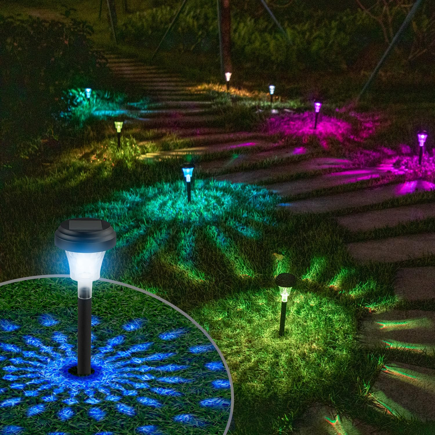 Iesooy Solar Lights Outdoor: 8 Pack RGB Color+Warm White LED Outdoor Solar Lights, IP65 Waterproof, Solar Powered Garden Lights for Landscape Pathway Garden Porch Yard Pool image number 3