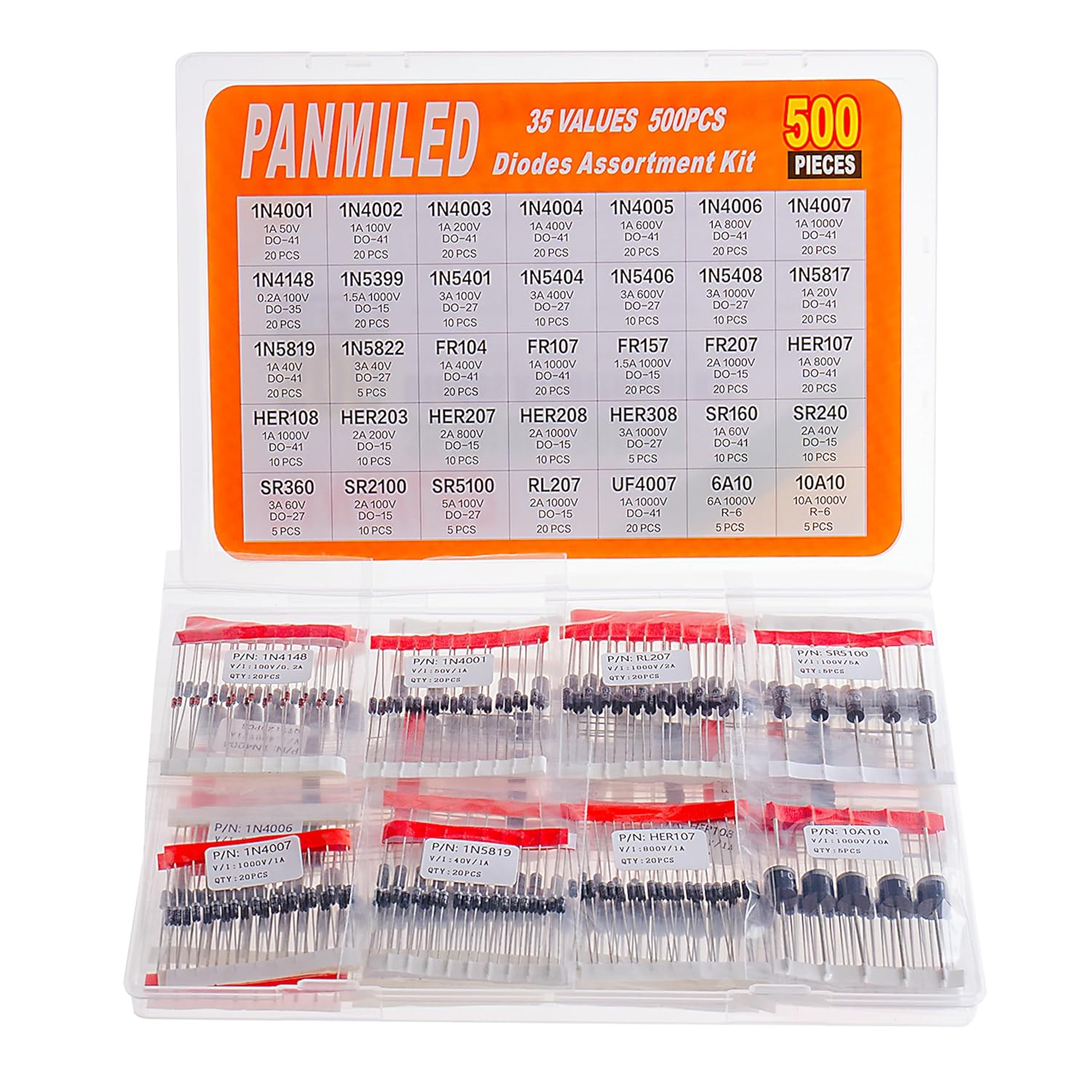 35 Values 500 Pcs Rectifier Schottky Diode Kit 1N4001 1N4002 1N4003 1N4004 1N4005 1N4006 1N4007 1N4148 1N5401 1N5404 1N5408 1N5817 1N5819 FR107 FR207 HER107 HER207 SR160 SR360 SR2100 SR5100 6A10 10A10 image number 2