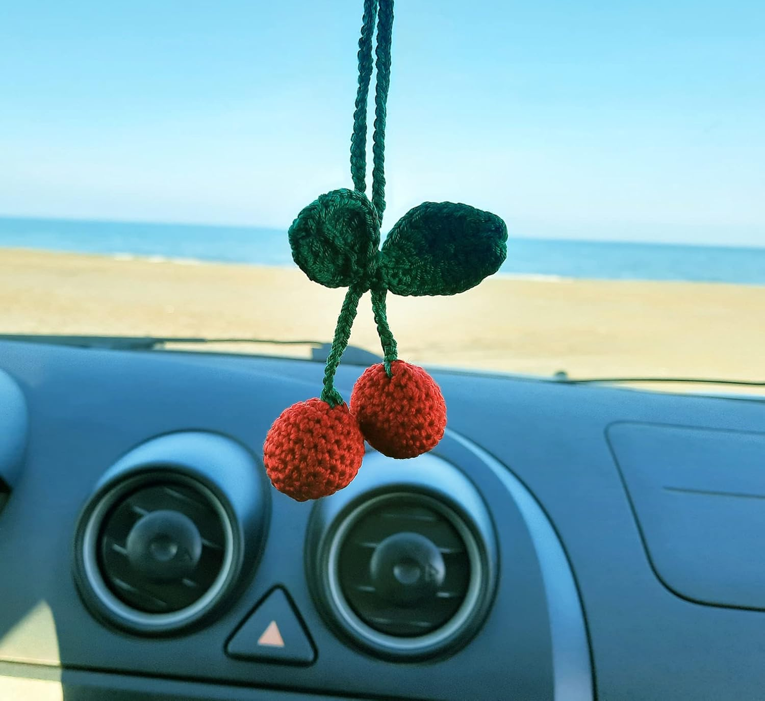 Cherry Crochet Handmade, Car Rearview Mirror Charm Decor, Aesthetic Pendant Car Interior Ornament for Gifts. image number 2