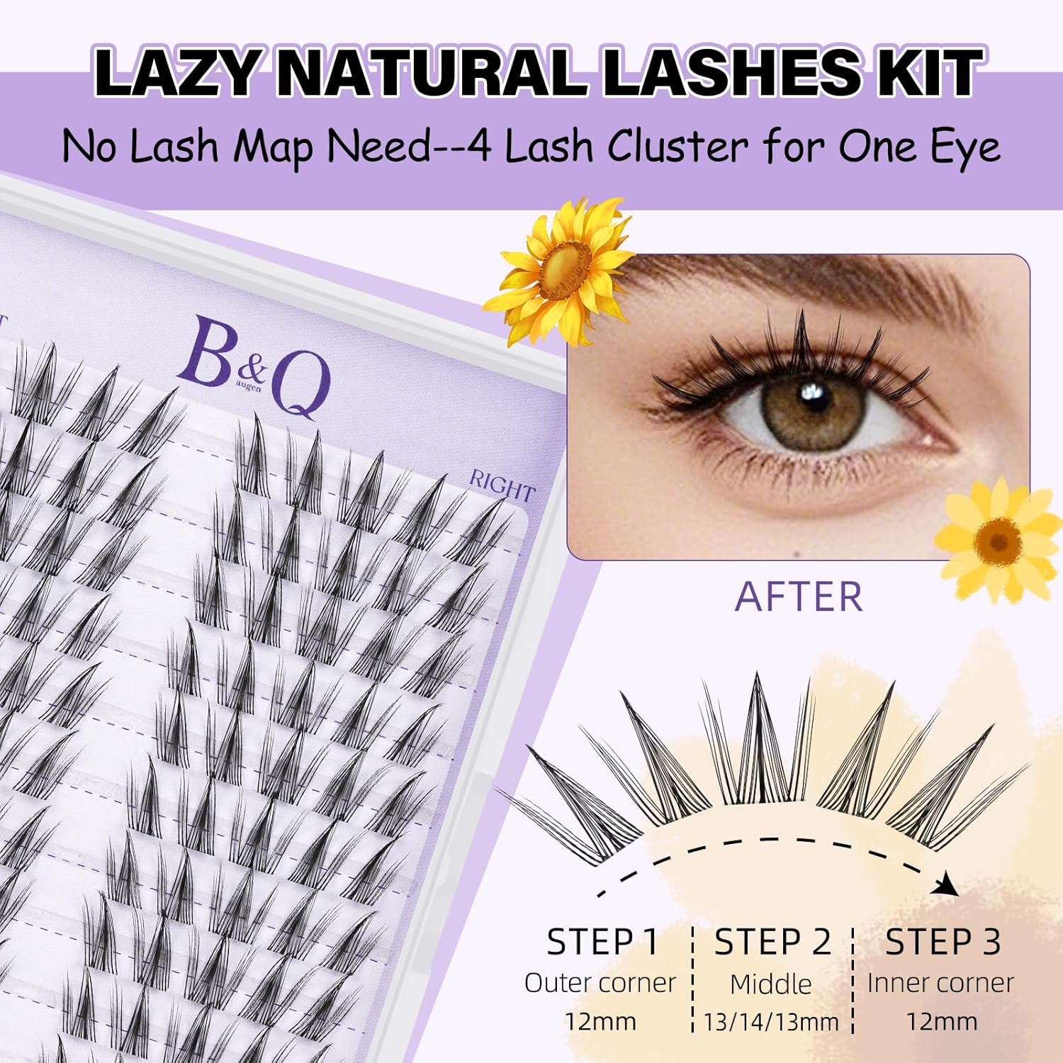 B&QLASH Lash Clusters Kit Sunflower Lash Extension Kit No Lash Map Natural Lash Clusters with Invisible Band 12-14Mm Eyelash Extension Kit C Curl Lash Kit with Lash Bond and Seal(Sunflower) image number 1