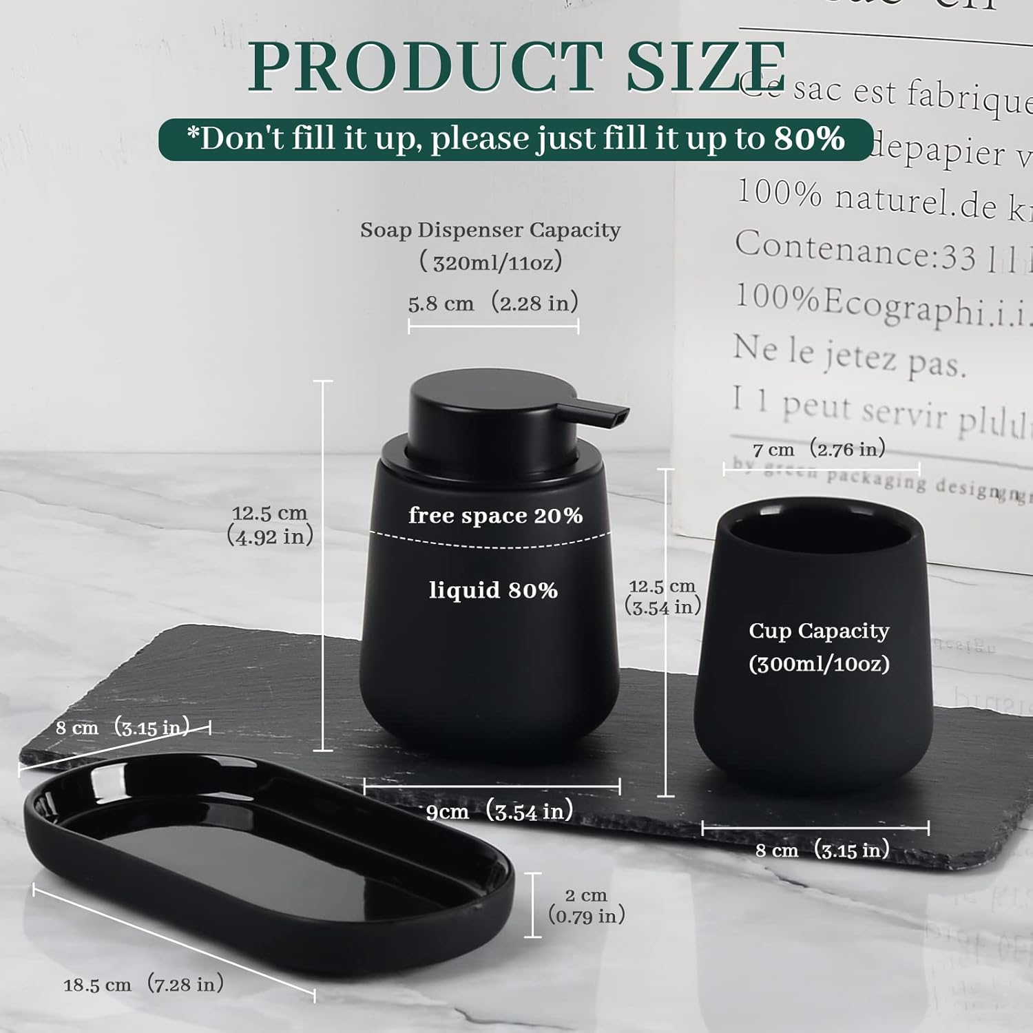 Umlaca Black Bathroom Accessories Set 3 Pcs - Ceramic Foaming Bathroom Soap Dispenser Set Farmhouse Black Bathroom Decor, Soap Dispenser and Toothbrush Holder/Tumbler Cup, Tray - Black image number 2