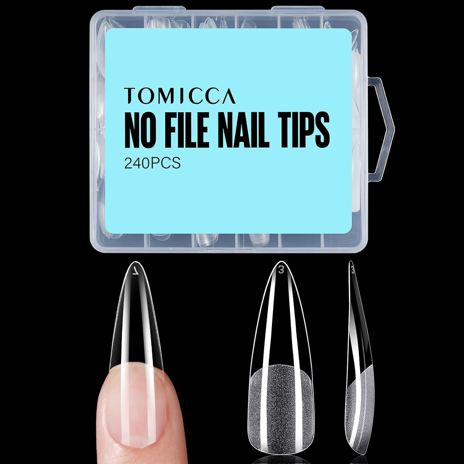 TOMICCA Long Almond Shaped Nail Tips, 240PCS Half Matte Soft Gel Tips, No File Needed, Full Cover False Nails, Clear Acrylic & Strong Tip for Press on Extension - 12 Sizes