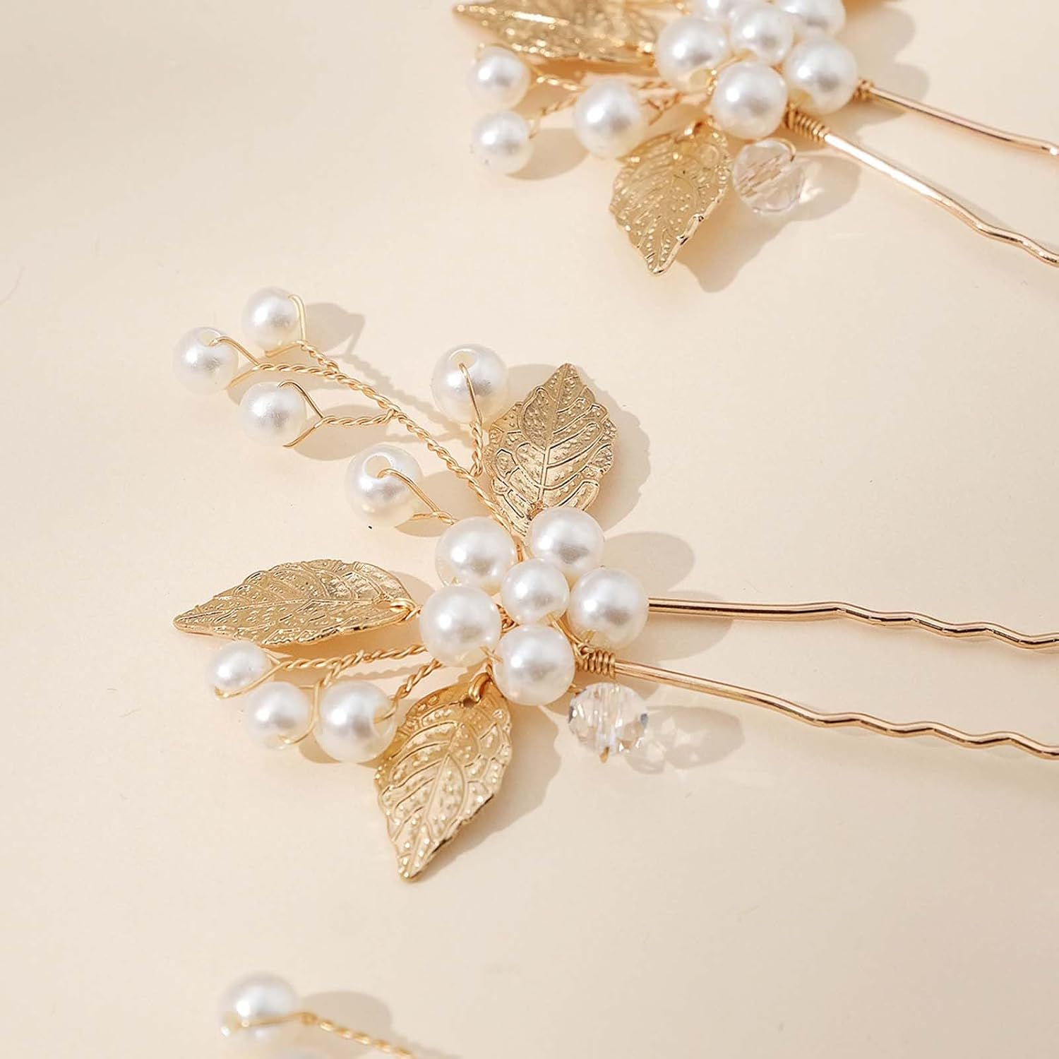 Bridal Wedding Hair Pins, 8 Pcs Bridesmaid Hair Clips, Wedding Hair Vine, Gold Leaf Crystal Pearl Hair Pins, Crystal Pearl Hair Clips Headpiece for Brides Bridesmaids Girls Updo Hair Accessories image number 4