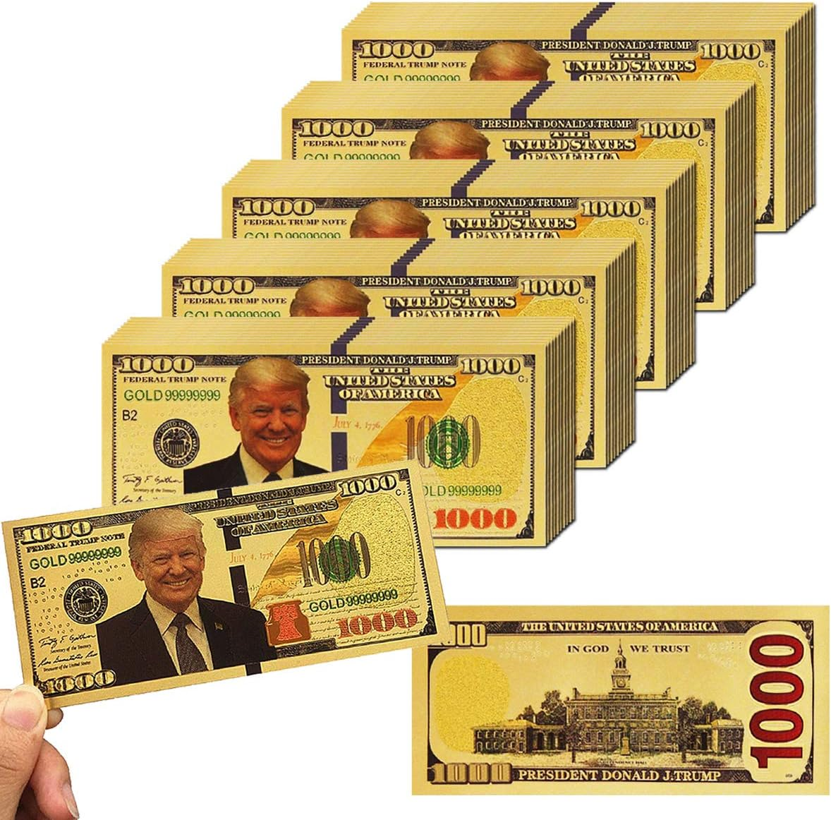 Partyyeah Donald Trump 1000 Dollar Bill Banknote, One Thousand 24K Gold Coated Donald Trump Legacy Limited Edition Million Dollar Bill Great Coin Currency Collectors and Republican (50 Pack) image number 4