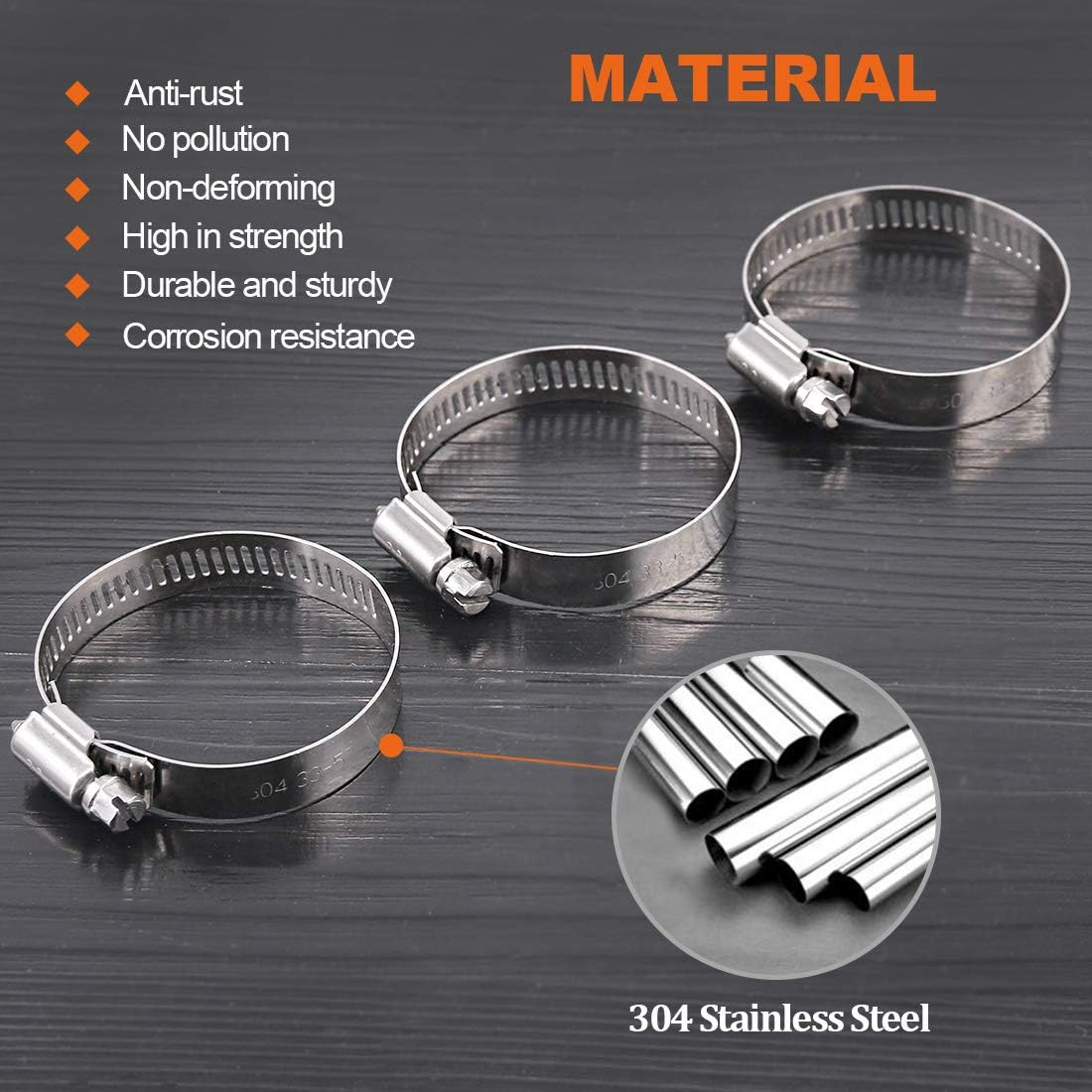 25-Pcs Adjustable [33 to 57Mm] Range Worm Gear Hose Clamp Fuel Line Clamp Assortment Kit for Plumbing - 304 Stainless Steel image number 1