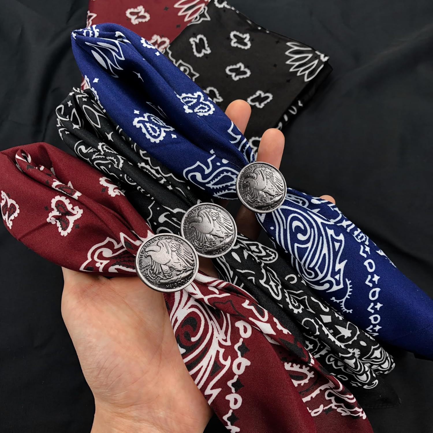 Hymeiluely Western Bandana Scarf with Vintage Coin Buckle, Paisley Pattern Neck Scarf for Men Pocket Square Cowboy Scarves - Light Pink image number 3