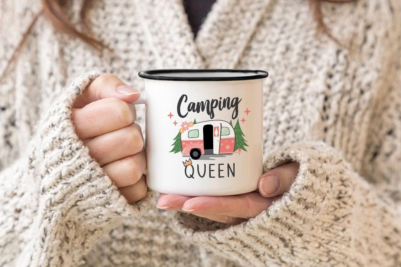 Moonworks&reg; Enamel Mug Camping Queen King Caravan Gift Camper Camping Holiday Accessories Queen Enamel White Black Standard image number 6