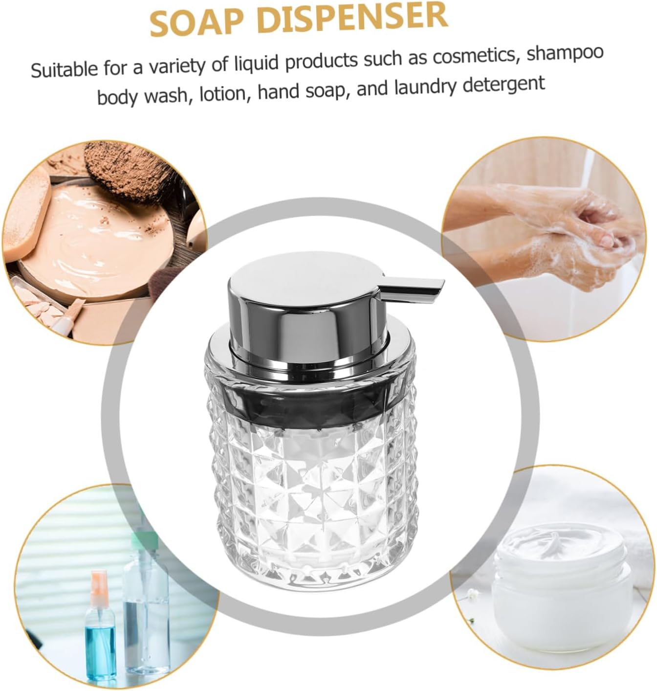 ABOOFAN Soap Dispenser Bottle with Pump Diamond Texture Glass Refillable Liquid Soap Shampoo Shower Gel Container Portable Bathroom Countertop Dispenser image number 5