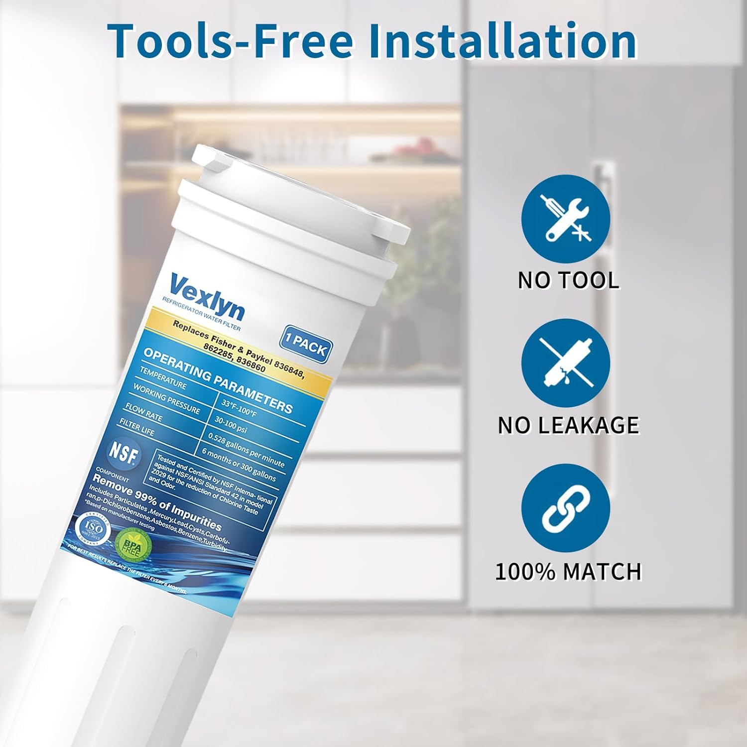836848 Refrigerator Water Filter Replacement for Fisher&Paykel 836860,862284,862285,E404Brxfdu,Eff-6017A,E522B,E402B,E442B,Rf90A180Du,Ps2067635,Rf402B,Wf60,Wf296,Pack of 2 image number 5
