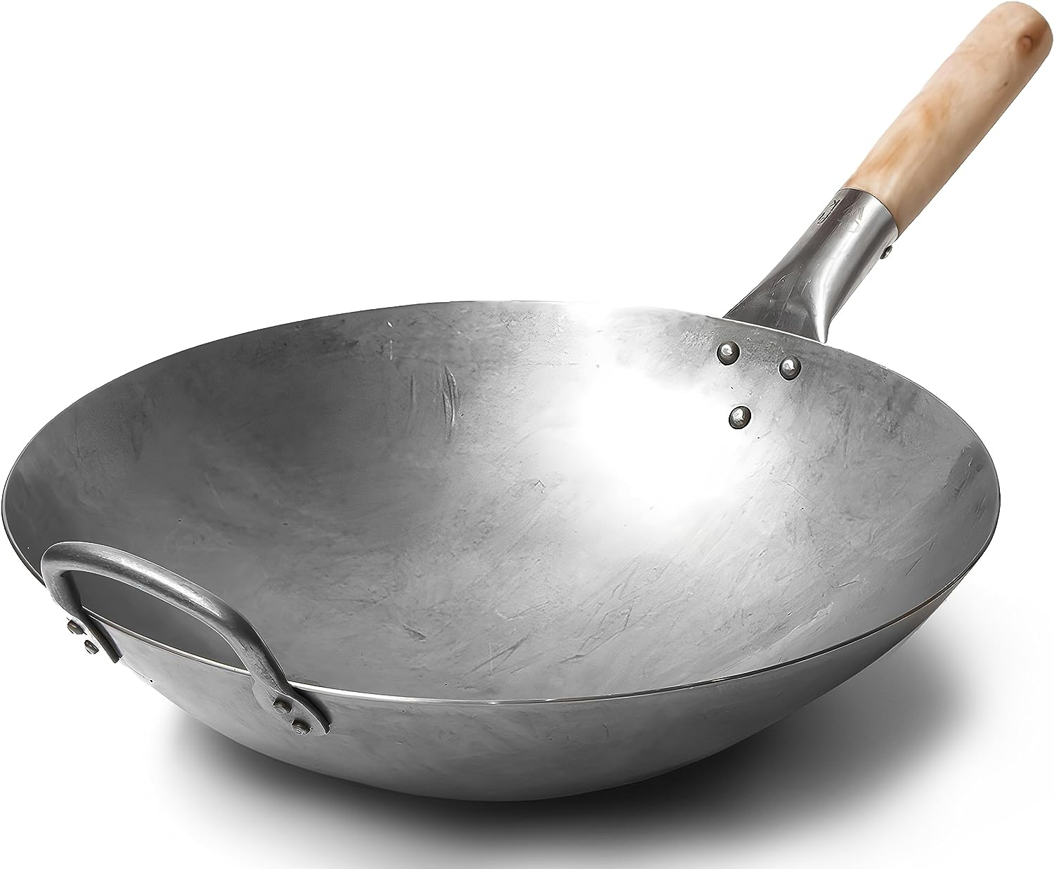 Traditional Hand Hammered Carbon Steel Pow Wok with Wooden and Steel Helper Handle (14 Inch round Bottom)/731W88 by Craft Wok image number 3