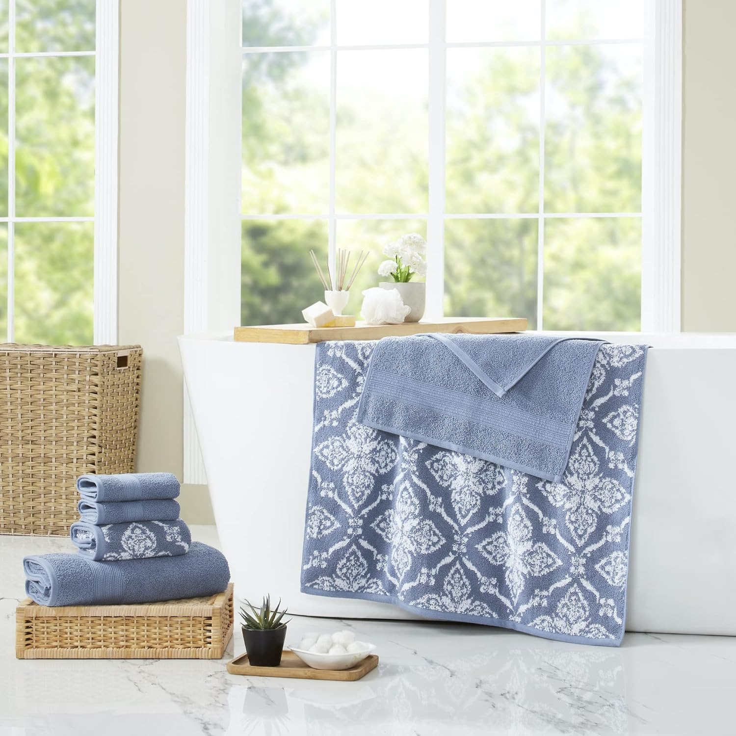 Modern Threads Amaris 6-Piece Reversible Yarn Dyed Jacquard Towel Set - Bath Towels, Hand Towels, & Washcloths - Super Absorbent & Quick Dry - 100% Combed Cotton, Denim - Denim image number 5