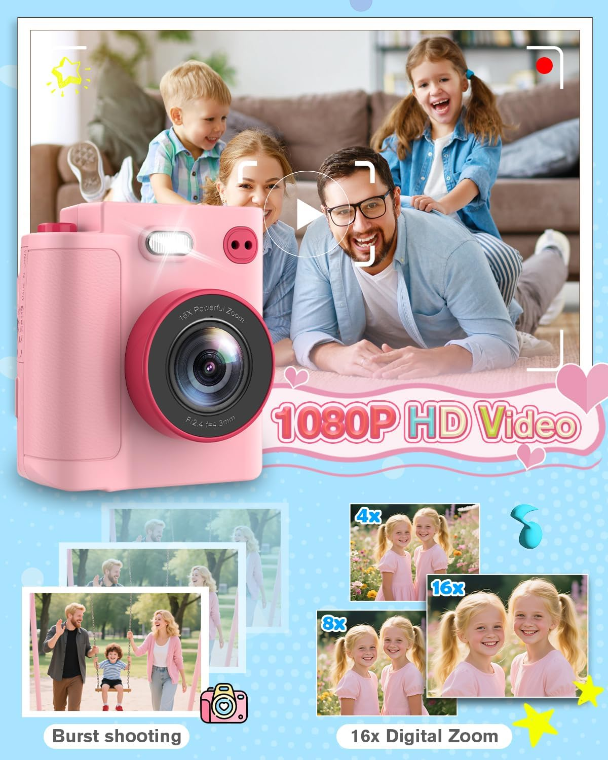 MYSTILUCK Kids Camera Instant Print, 1080P Instant Camera for Kids, Children Digital Cameras with 3 Rolls Photo Paper & 32GB Card, Christmas Birthday Gifts Toys for Boys & Girls Aged 3-12（Pink） image number 3