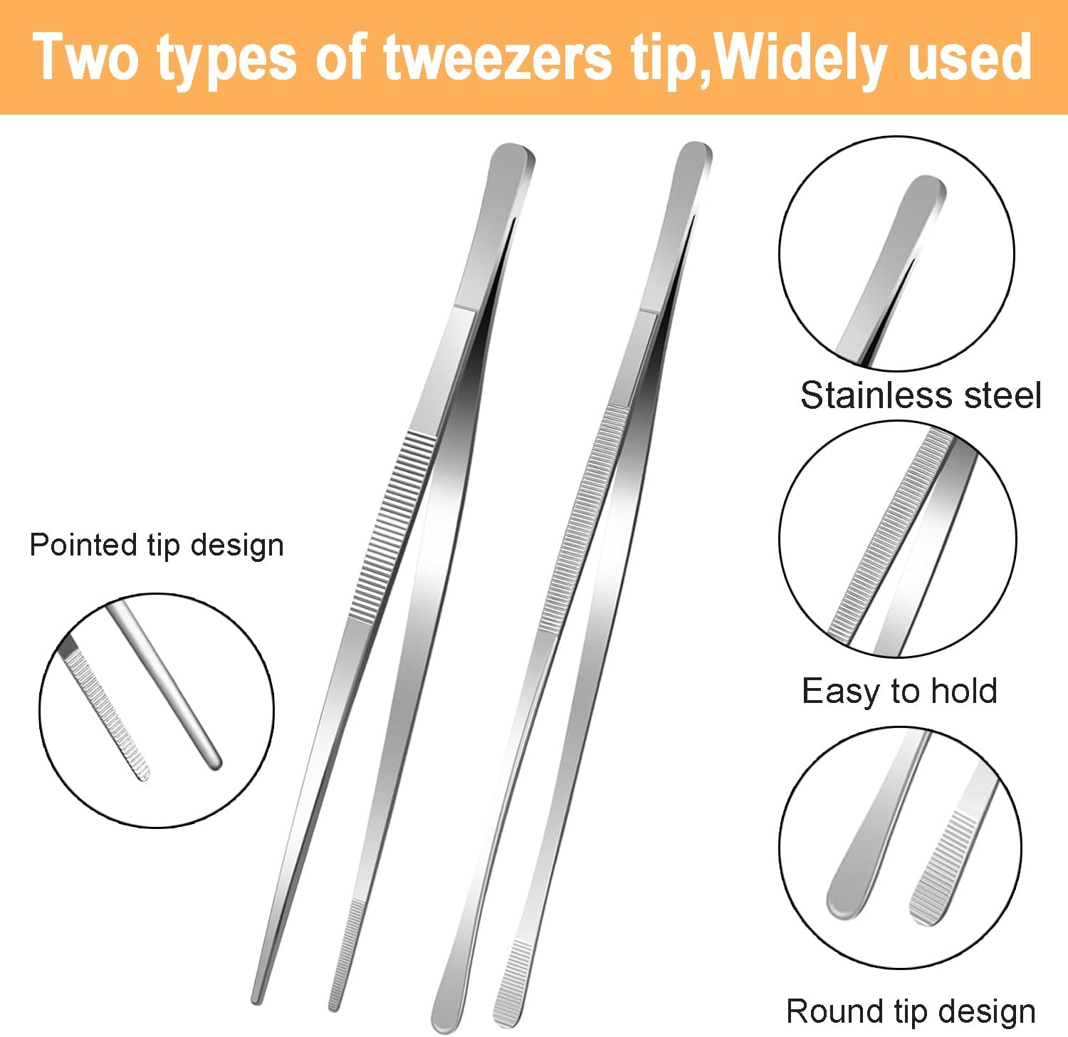 4 Pcs Stainless Steel Kitchen Tweezer Tongs, 10/12In Serrated Tips, Ergonomic Long Handles for BBQ Grilling, Cooking