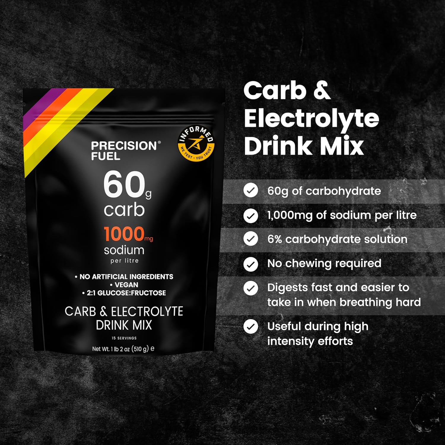 Precision Fuel Carb & Electrolytes Powder Drink Mix - High-Performance Energy Drink, 60G Carbs & 1000Mg Sodium per Liter, Vegan, Citrus Flavor - for Intense Workouts & Endurance Sports (1-Pack) image number 2