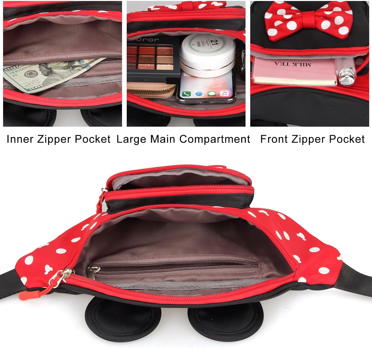 Cute Fanny Pack for Travel Fanny Pack Women Waist Pack Teen Girls Mini Mouse Belt Bag Cartoon Fanny Pack Hiking Bum Bags Outdoor Waist Bag with Mouse Ears, Red, Small, Disney Fanny Pack image number 1