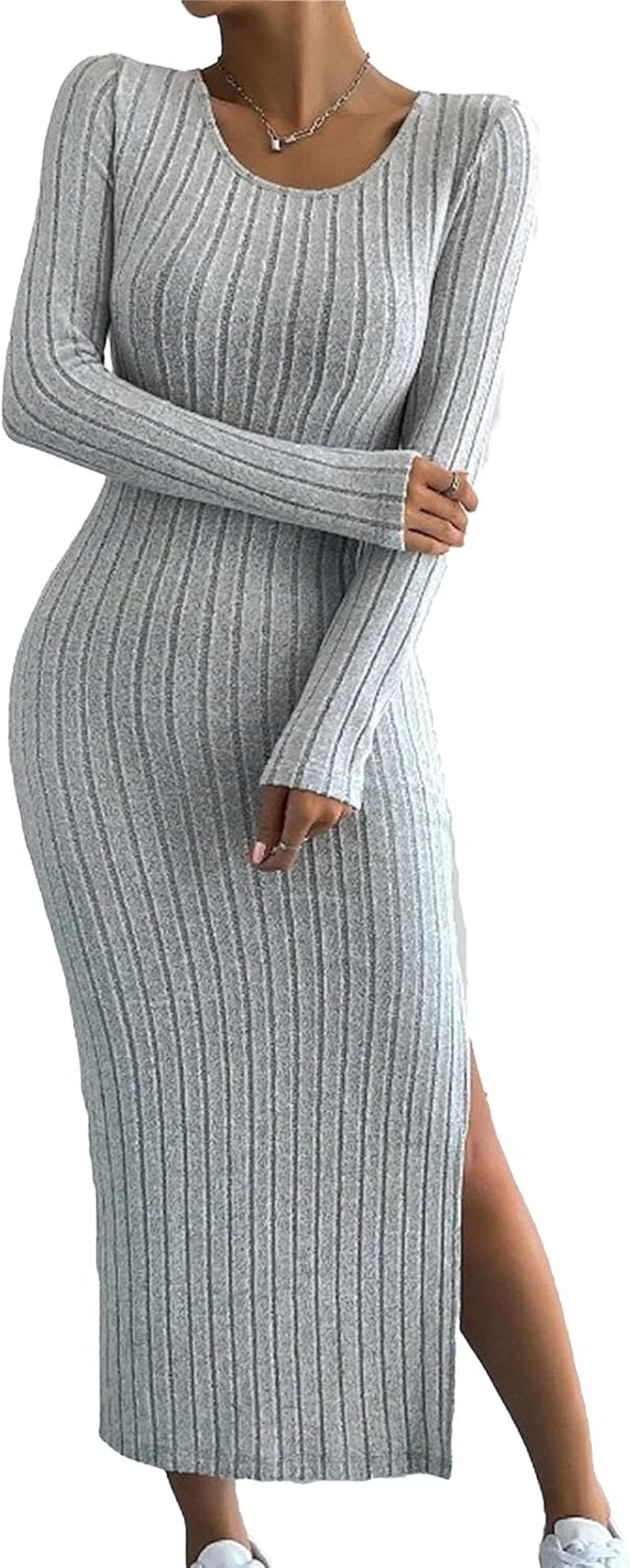 Women'S Long Sleeve Party Long Dress round Neck Split Thigh Rib Pullover Bodycon Solid Color Maternity Dresses