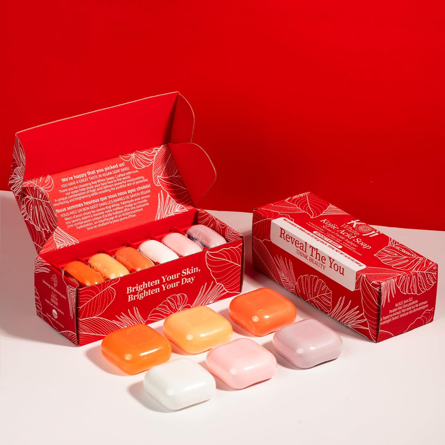 Koji White Kojic Acid Skin Brighten & Glowing Soap, Gift Set for Women with Papaya, Glutathione, Vitamin C, Collagen, Charcoal for Dark Sport, Hydrating Facial & Body, Not Tested on Animals, 2.8 Oz (6 Bars)