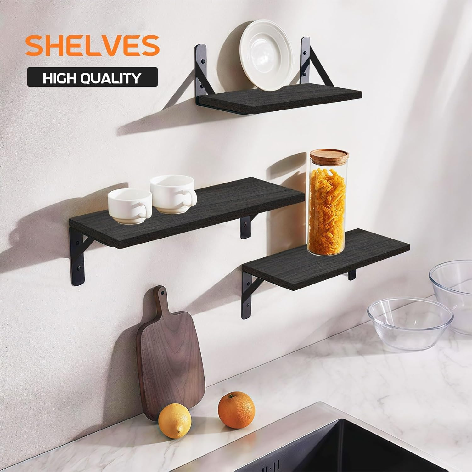 Floating Wall Shelves for Bedroom Decor Home Decor, Wall Storage, Book Shelf, Wall Mounted Rustic Wood Shelf for Books,Plants (Black, 4 Pack) - Black -4 Pack image number 4