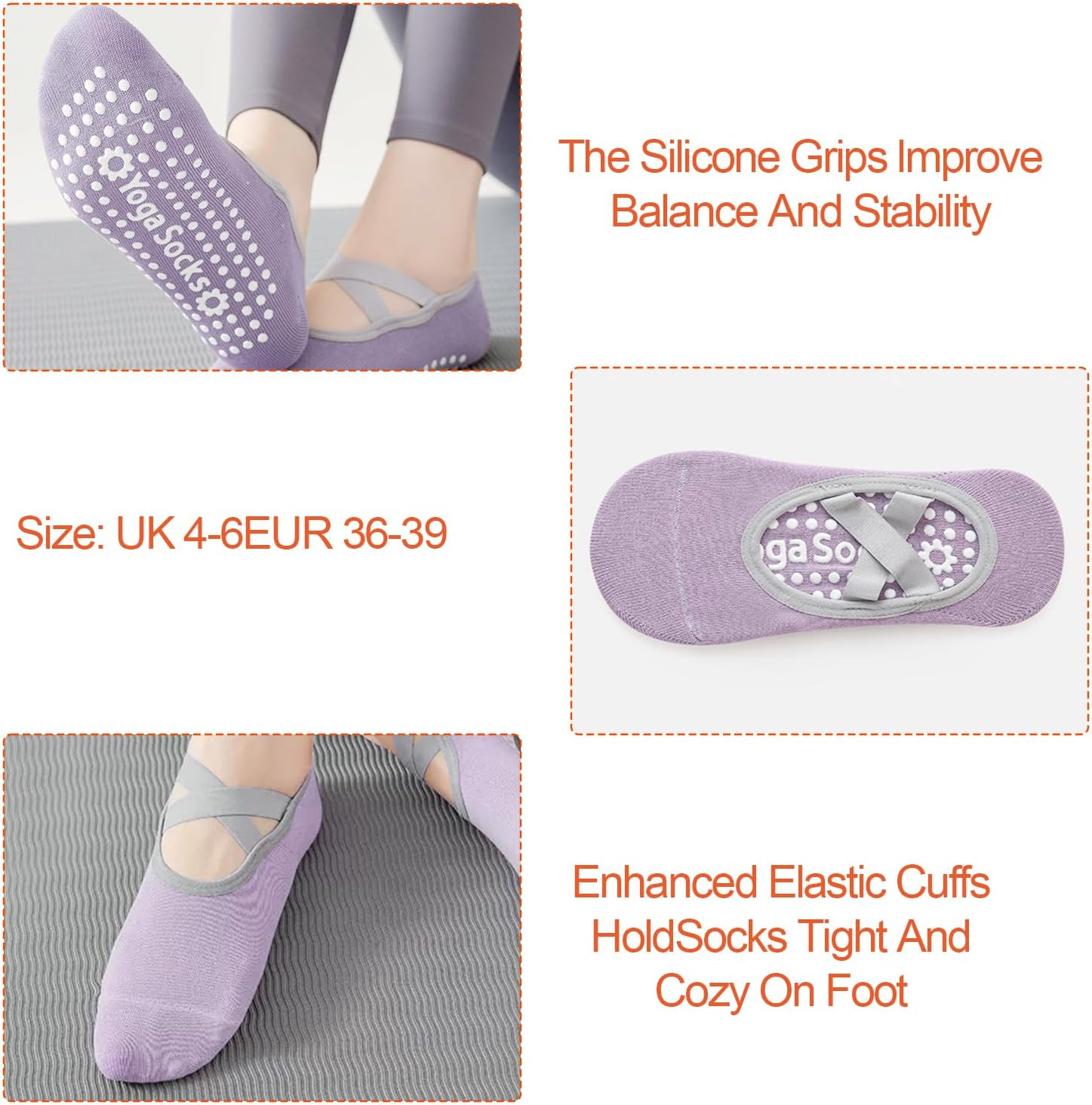 4 Pairs Yoga Pilates Socks with Adjustable Straps,H HOME-MART Non-Slip Grip Socks for Women'S Secure Comfortable Fitness Workouts image number 3