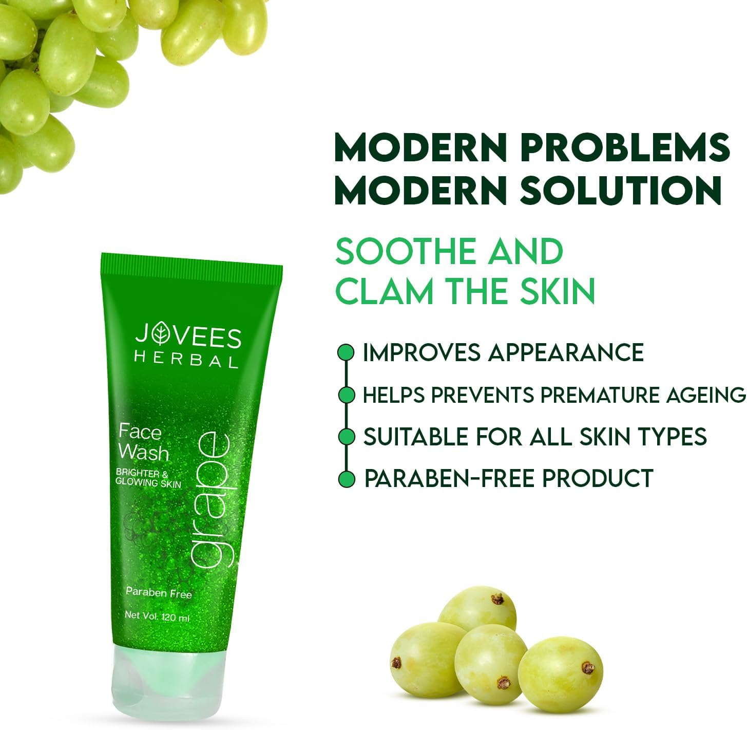 Jovees Herbal Grape Fairness Face Wash for Glowing Skin - All Skin Types - Paraben & Alcohol Free, 120 ML (Pack of 1)