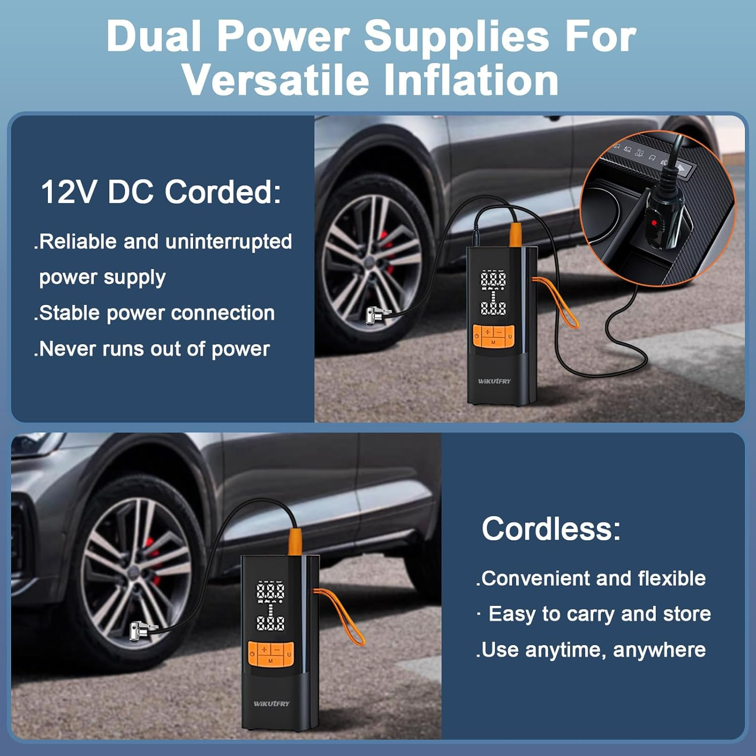 Tire Inflator Portable Air Compressor, 15000Mah and 150PSI Car Tire Pump with Pressure Display for Cars, Motorcycles, Bicycles, Ball Bikes with Tire Pressure Gauge, Dual-Use Type image number 5