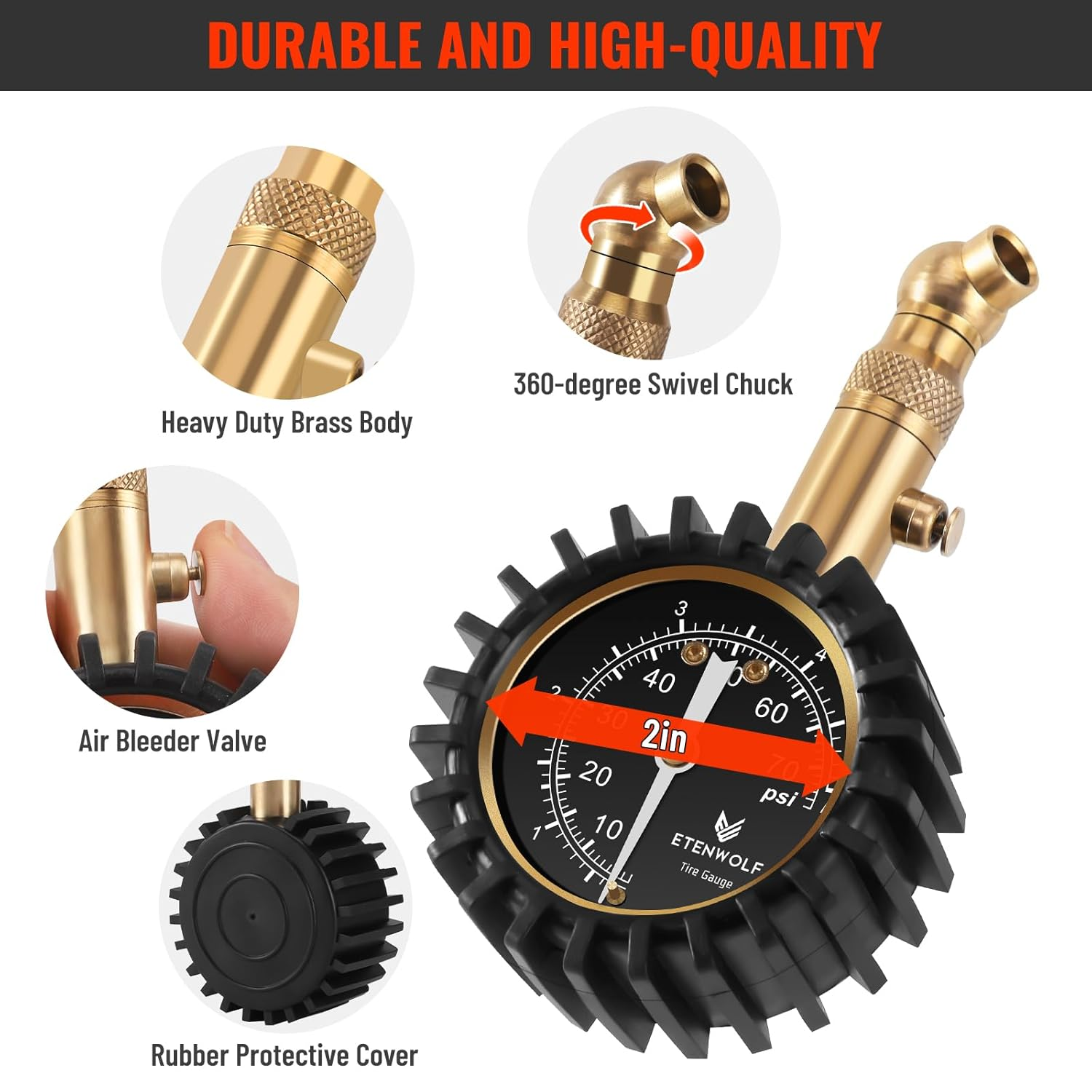 ETENWOLF Tire Pressure Gauge for Cars 0-75 PSI, Air Pressure Gauge with Large Glow Dial, Calibrated to ANSI B40.1 Grade A(Plus-Minus 1%), Tire Gauge for Tire Pressure Car Accessories (Black) image number 4