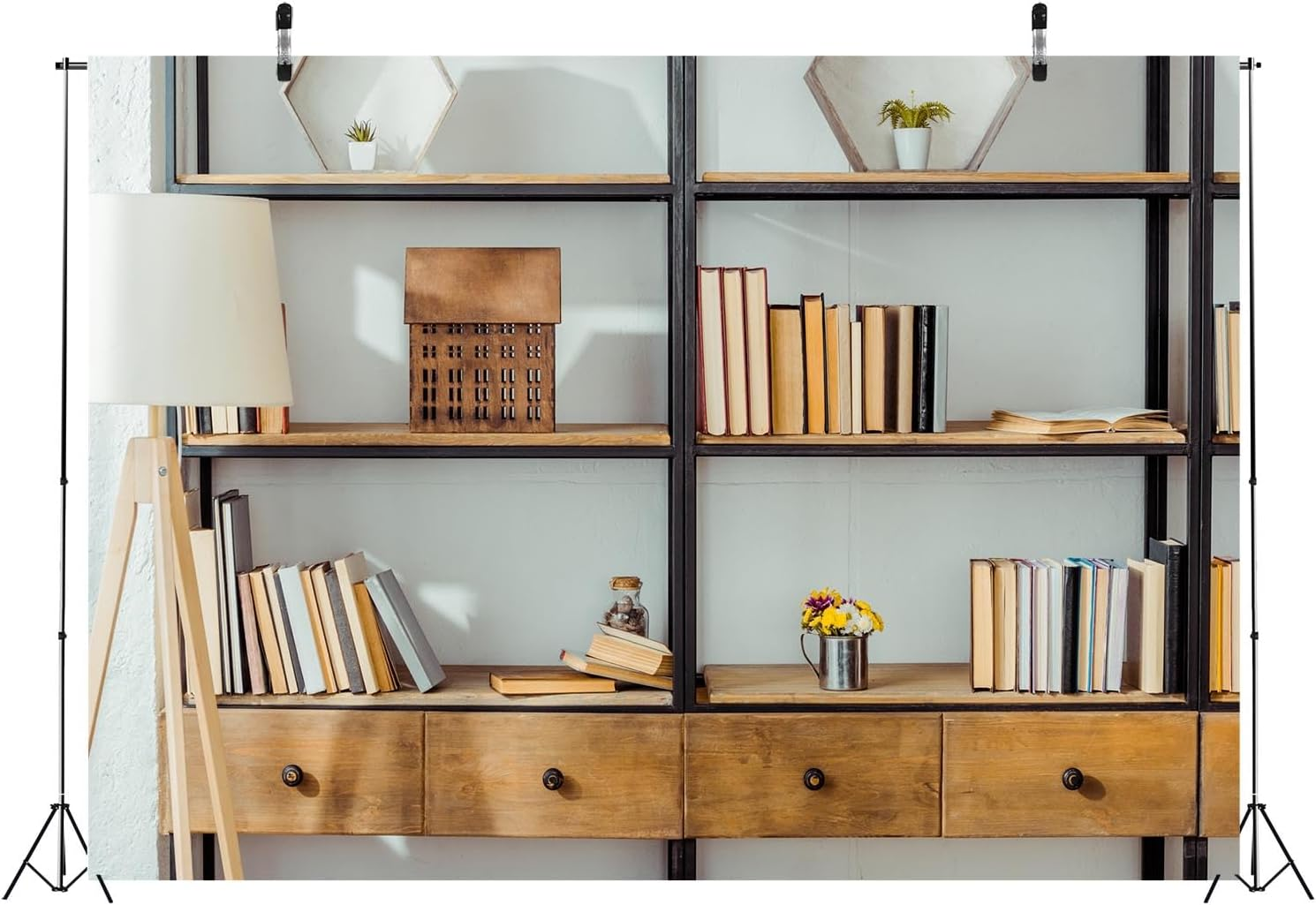 BELECO 9X6Ft Fabric Living Room Bookshelf Backdrop Empty Room with Bookcase, Zoom Calls Video Recording Background Home Office Decor Zoom Meetings Photo Studio Props image number 4