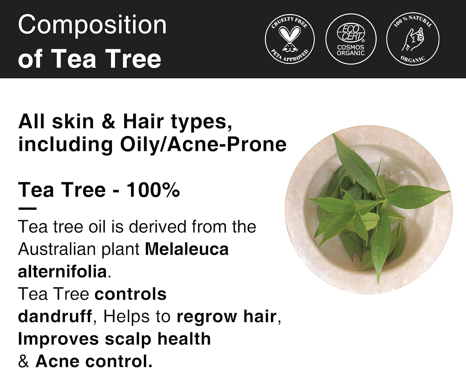 Soulflower Organic Tea Tree Essential Oil, Helps in Dandruff and Acne - 100% Pure, Natural, Organic, Cruelty-Free, Undiluted - 1 Fl Oz / 30Ml image number 1