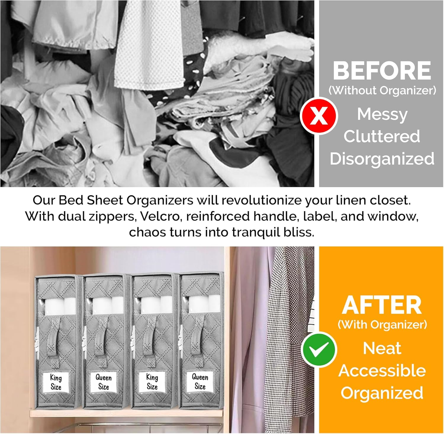 Bed Sheet Organizers and Storage W/Dual Zippers to Resist Collapse (3 Pack)- Versatile Linen Storage Organizer - Protective Bed Sheet Storage Organizer - Durable Bed Sheets Organizer for Linen Closet image number 6