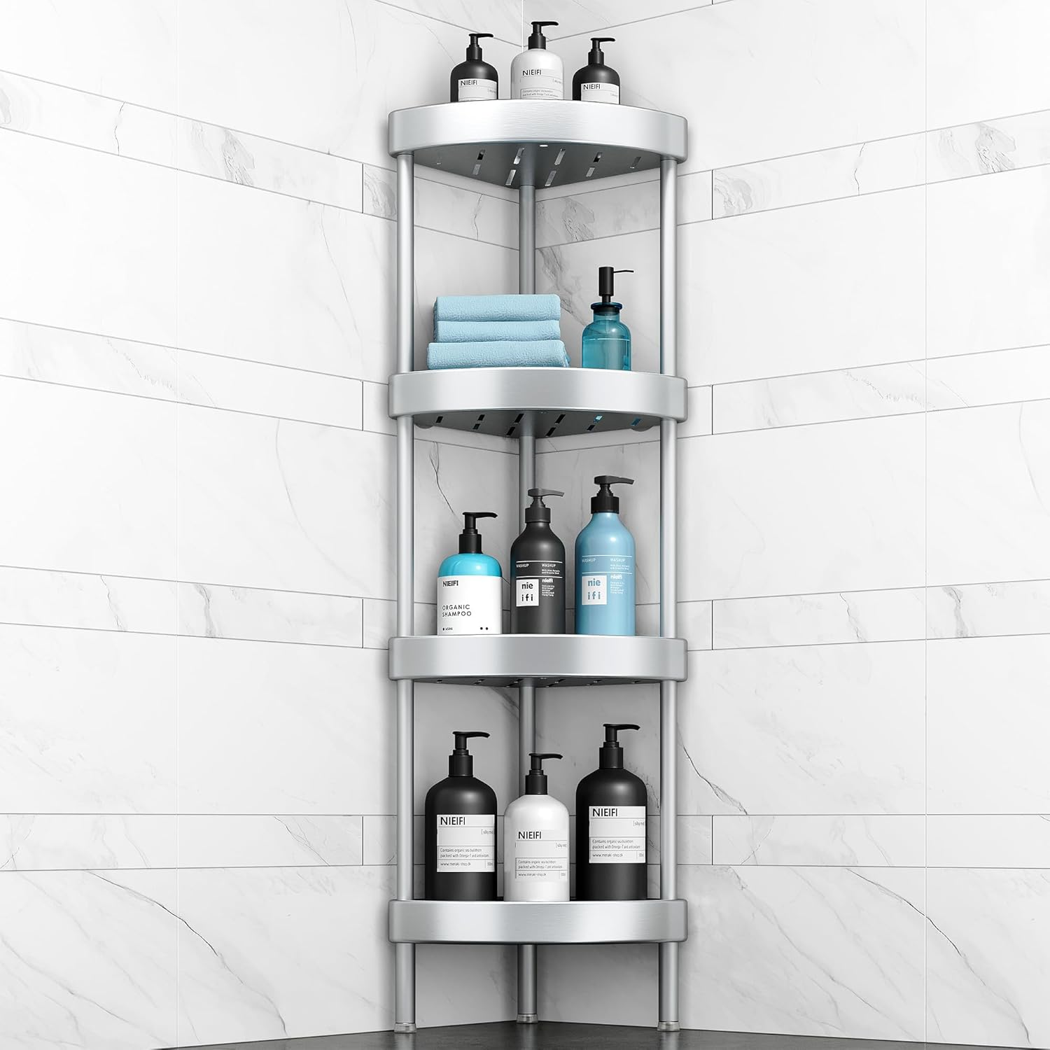 Nieifi Corner Shower Caddy Stand Rustproof Anodized Aluminum Standing Shower Organizer-Shower Caddy Corner-Dual Stability to Anti-Shaking-Height-Adjustable Legs for Uneven Surfaces (Black, 3-Tier) image number 3