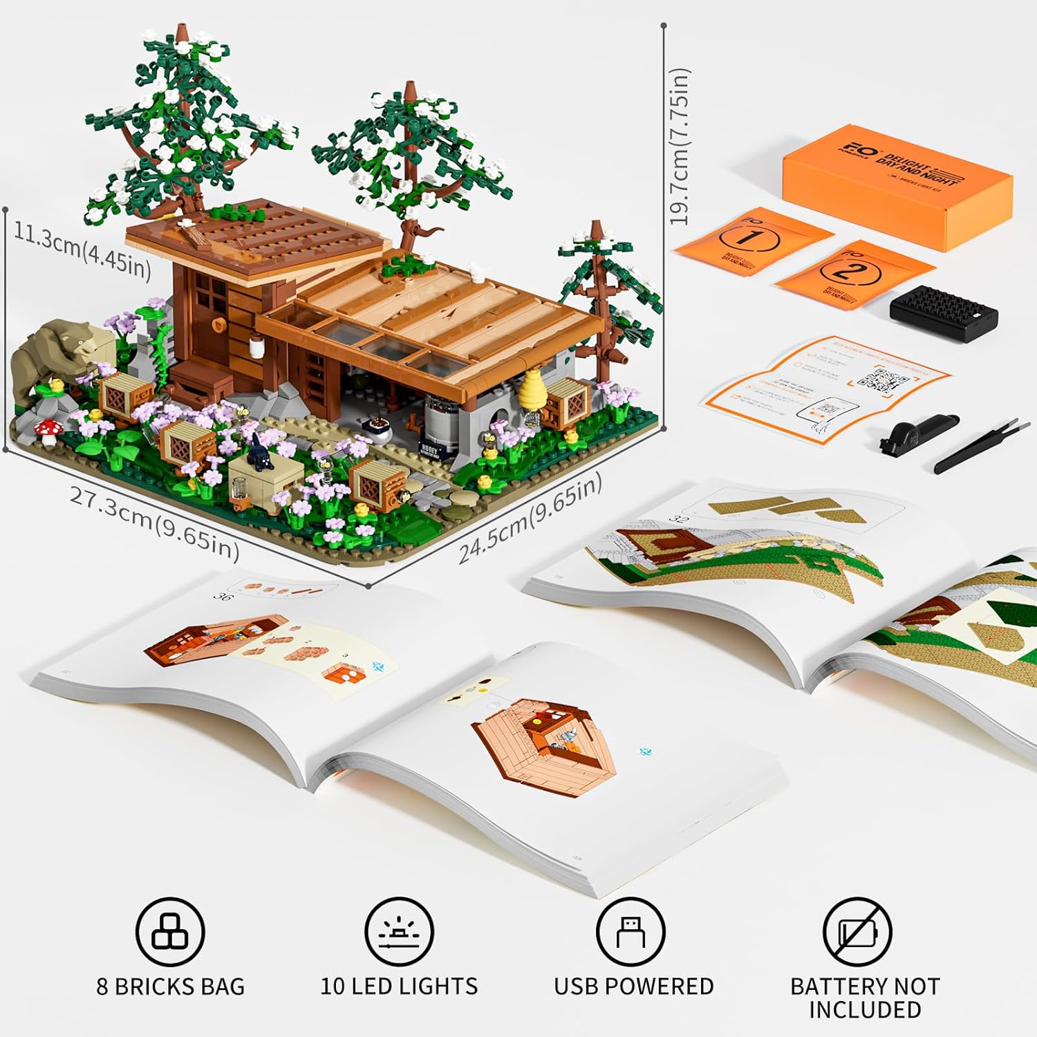 FUNWHOLE Bee-Farm Lighting Building-Bricks Set - Farm Bee Cottage Honey Workshop Collection LED Light Building Set 1274 Pcs for Adults and Teen