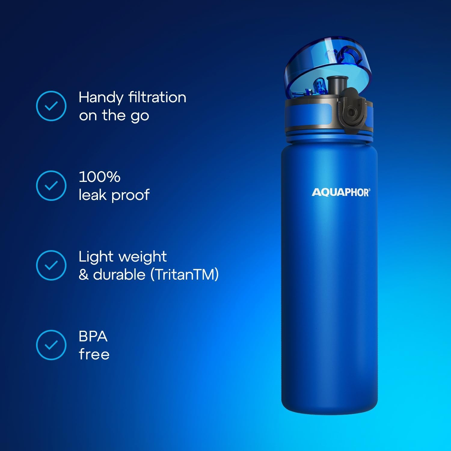 AQUAPHOR City Bottle 500Ml Blue | Travel Water Bottle with Activated Carbon Filter | Filters Chlorine & Impurities | Made of Tritan & Bpa-Free | Stay Hydrated on the Go! image number 2