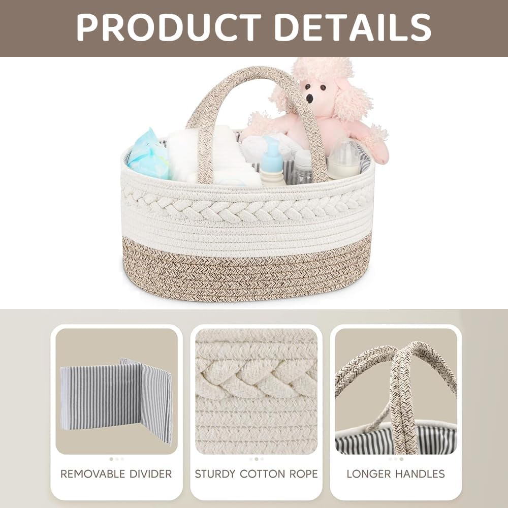 Baby Diaper Caddy Organizer, Foldable Cotton Rope Nursery Storage Basket, Portable Diaper & Wipes Holder for Changing Table, Car, Newborn Essentials image number 1