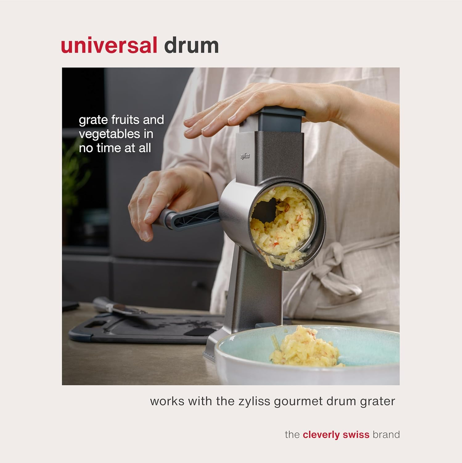 Zyliss Universal/Bircher Drum Grater | High-Quality Stainless Steel Design for Effortless Grating of Apples, Cereals, and Granola | Sharp, Durable Blades | Compatible with Zyliss Rotary Cheese Grater