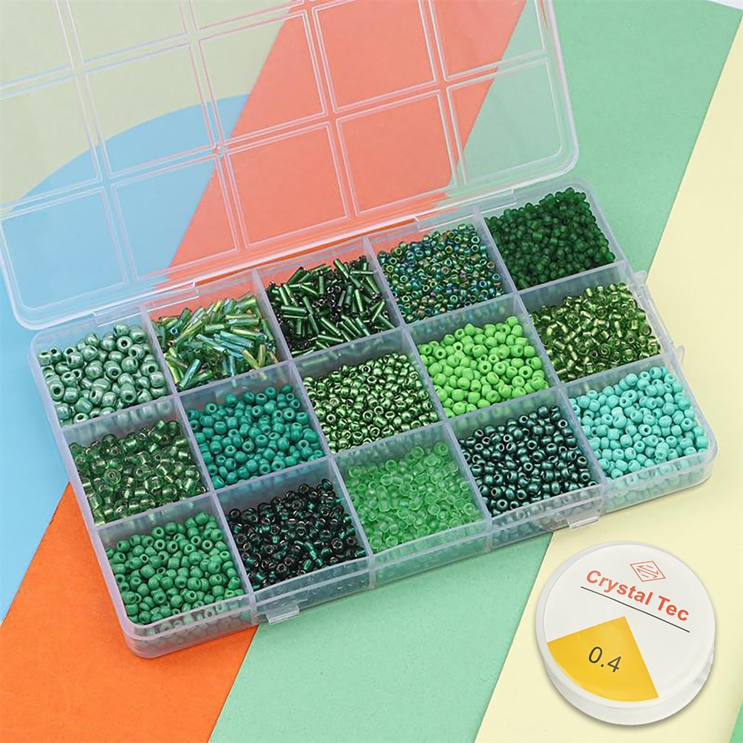 Mix 15 Color Glass Seed Beads .Glass Bugle,Beads Loose Kit for Jewelry Making,Diy Craft Beading, (Green) - Black image number 5