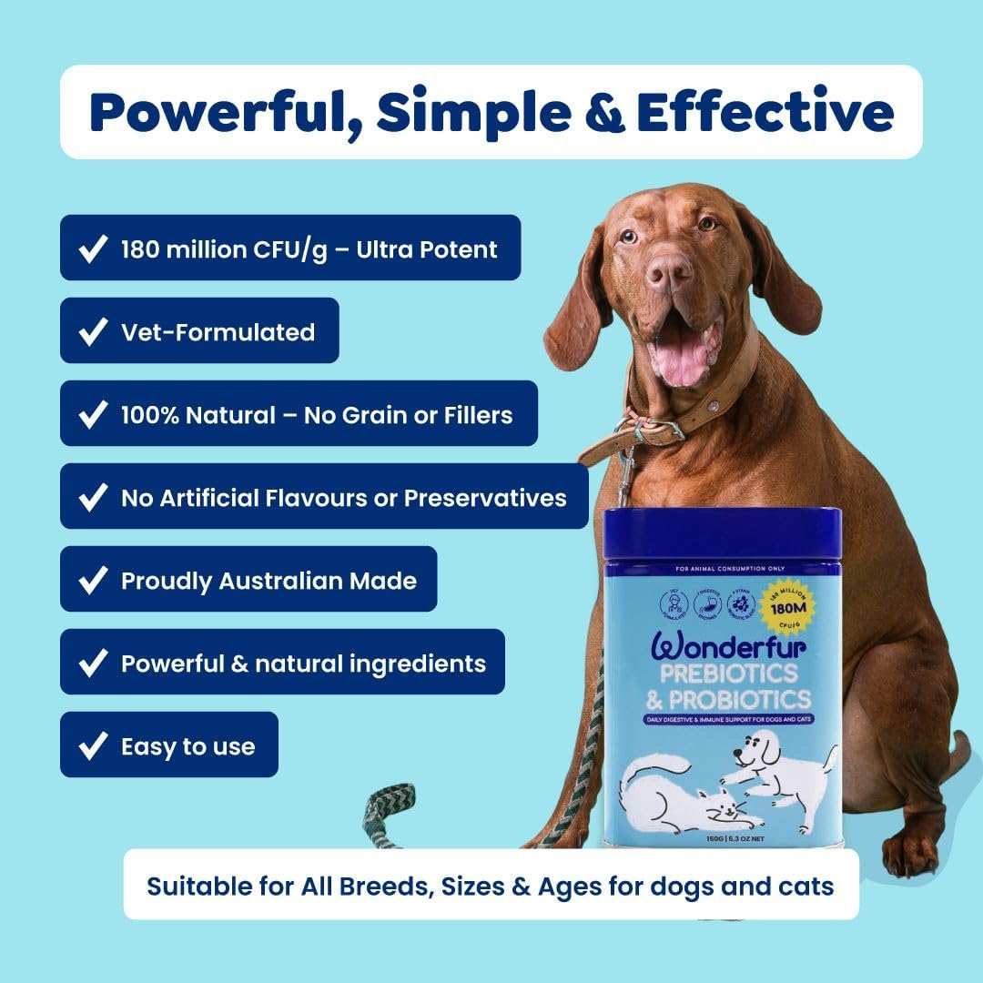 Wonderfur Prebiotic & Probiotics for Dogs & Cats 150G &ndash; 9 Strains (180M Cfu/G) with Prebiotic Inulin & Enzymes &ndash; Gut Balance, Regular Stools, Allergy & Itch Relief&ndash;Vet-Formulated, Made in Australia image number 5