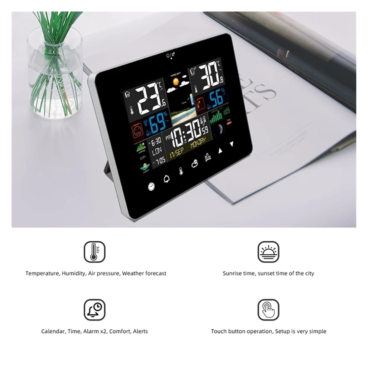 Weather Station Touch Screen Wall Clock Table Desk Moon Phases Tides Barometer Temperature Humidity Meter Outdoor Forcast Sensor