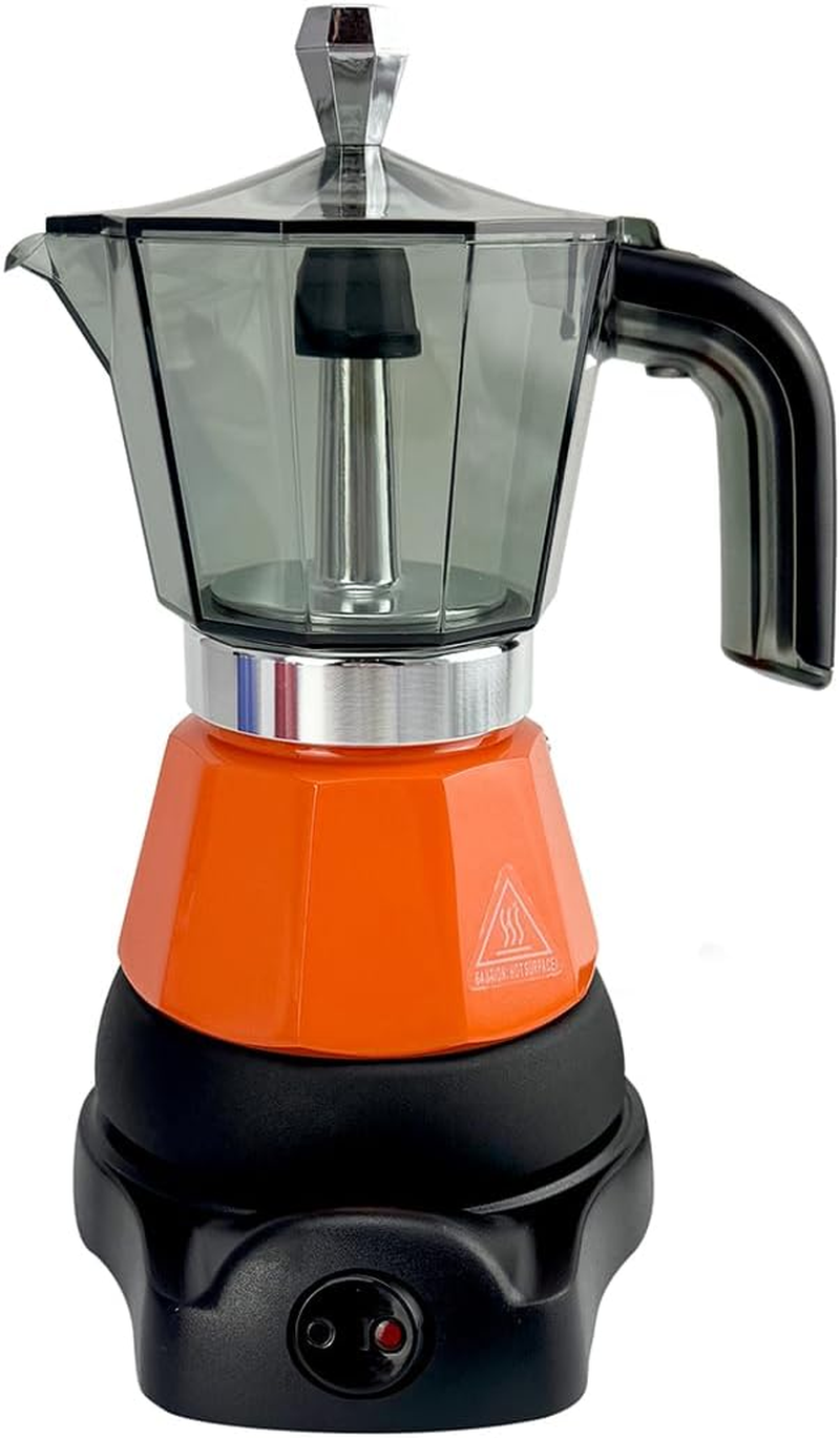 Mornest Electric Moka Pot Coffee Maker, Electric Espresso Maker Auto Shutoff, Italian Classic, 360 Degree Rotating Base, Portable Home Travel, 3/6 Cups (150/300Ml) (Orange, 3 Cups)