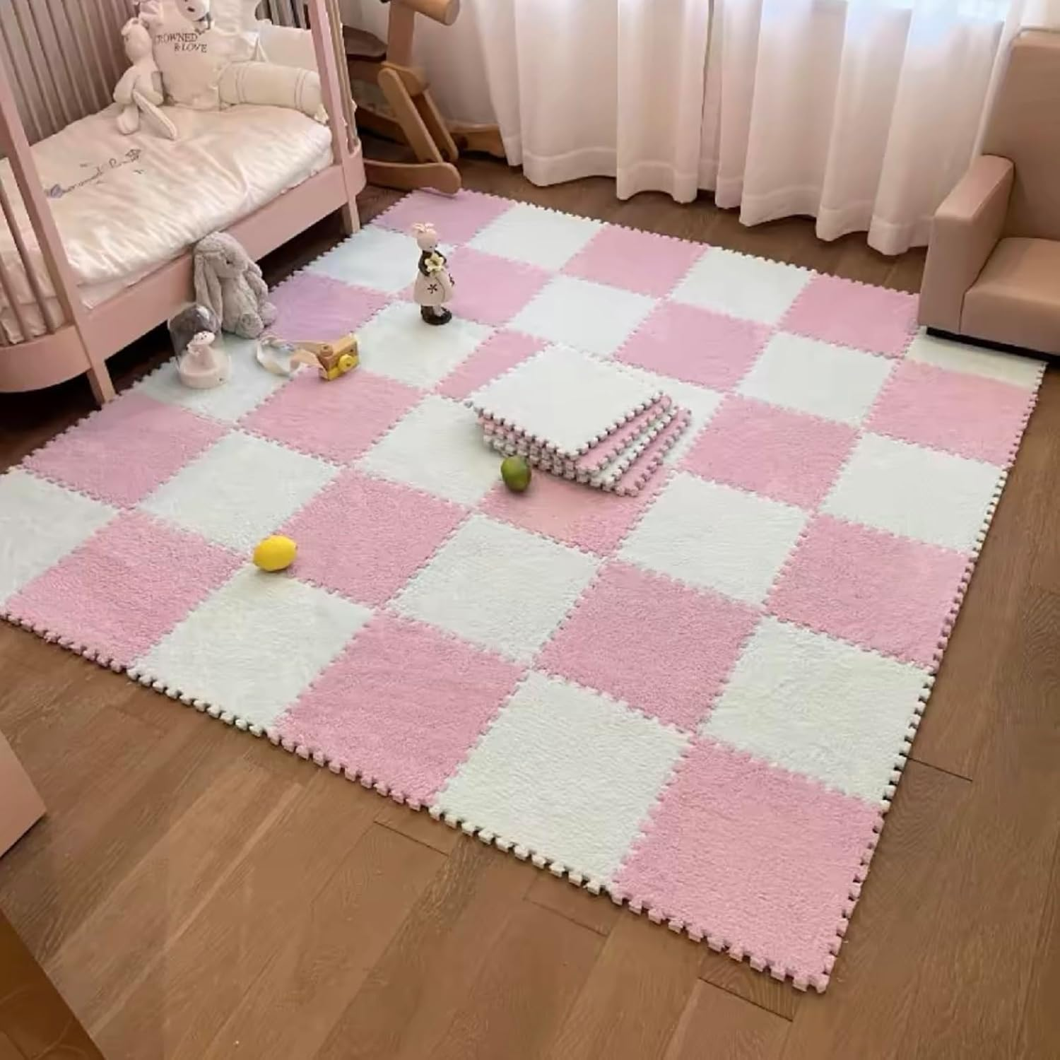 Typutomi 10Pcs Plush Puzzle Foam Floor Mat, Soft Fluffy Interlocking Square Foam Tiles Area Rugs Carpet for Parlor Bedroom Decoration(11.8X11.8In, Pink & White) image number 2