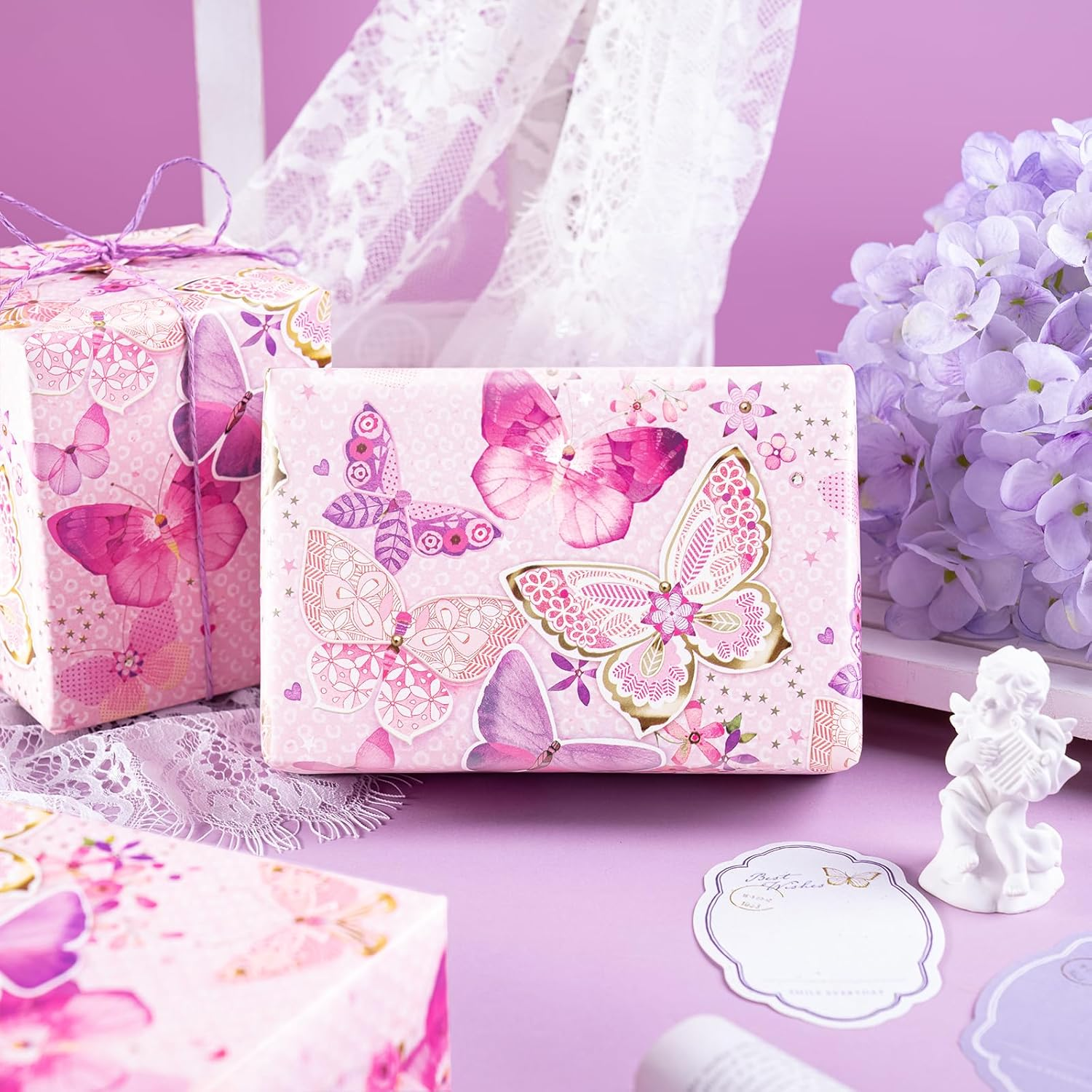 WRAPAHOLIC Pink Butterfly Wrapping Paper Roll - Mini Roll - 17 Inch X 33 Feet - Fantasy Butterfly Design, Perfect for Birthday, Wedding, Bridal Shower image number 2