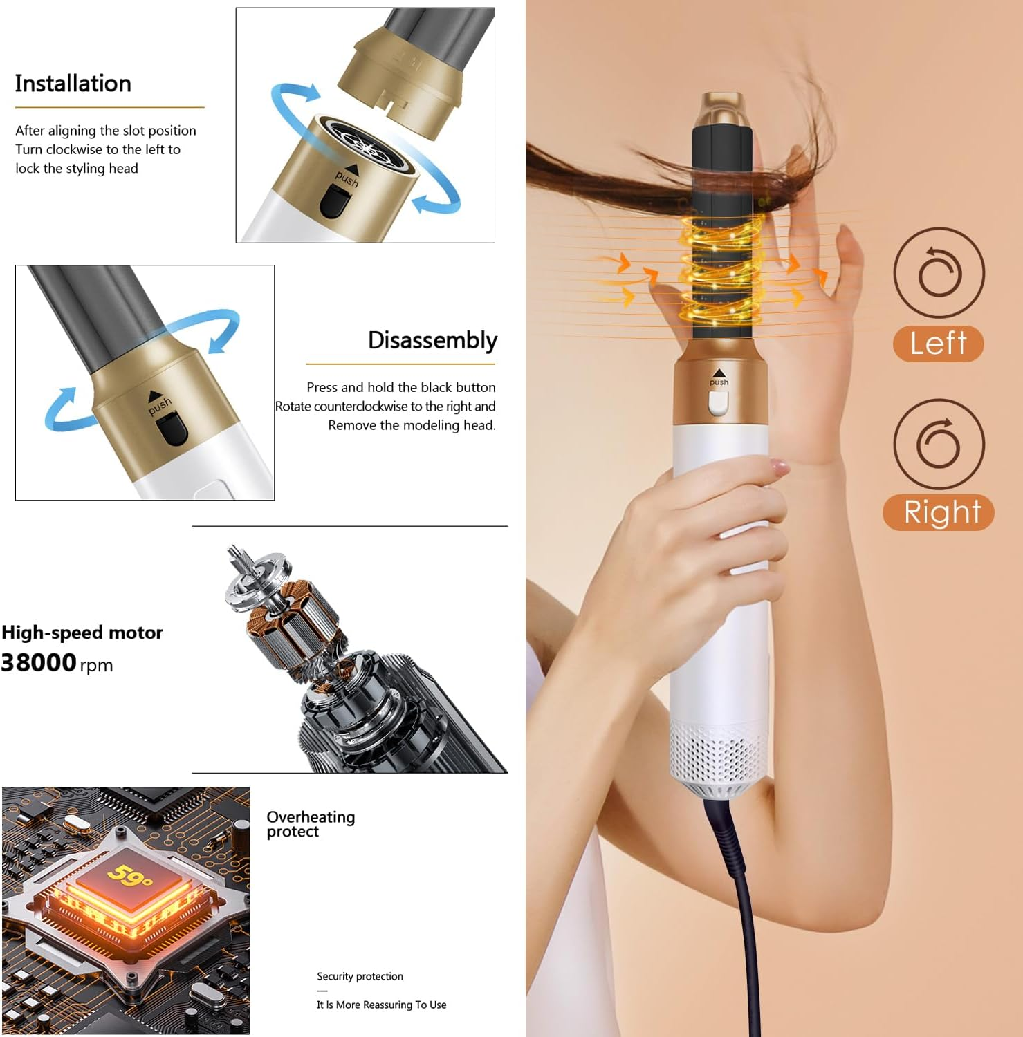 Xcjump 6 in 1 Hair Dryer Brush Styler Hot Air Comb - Curl, Straighten, Dry, Volumize & Style with Tourmaline Ceramic - Multifunctional Hot Air Brush for Women - 1000W Power, Detachable Heads, Ideal for All Hair Types (Black) image number 2