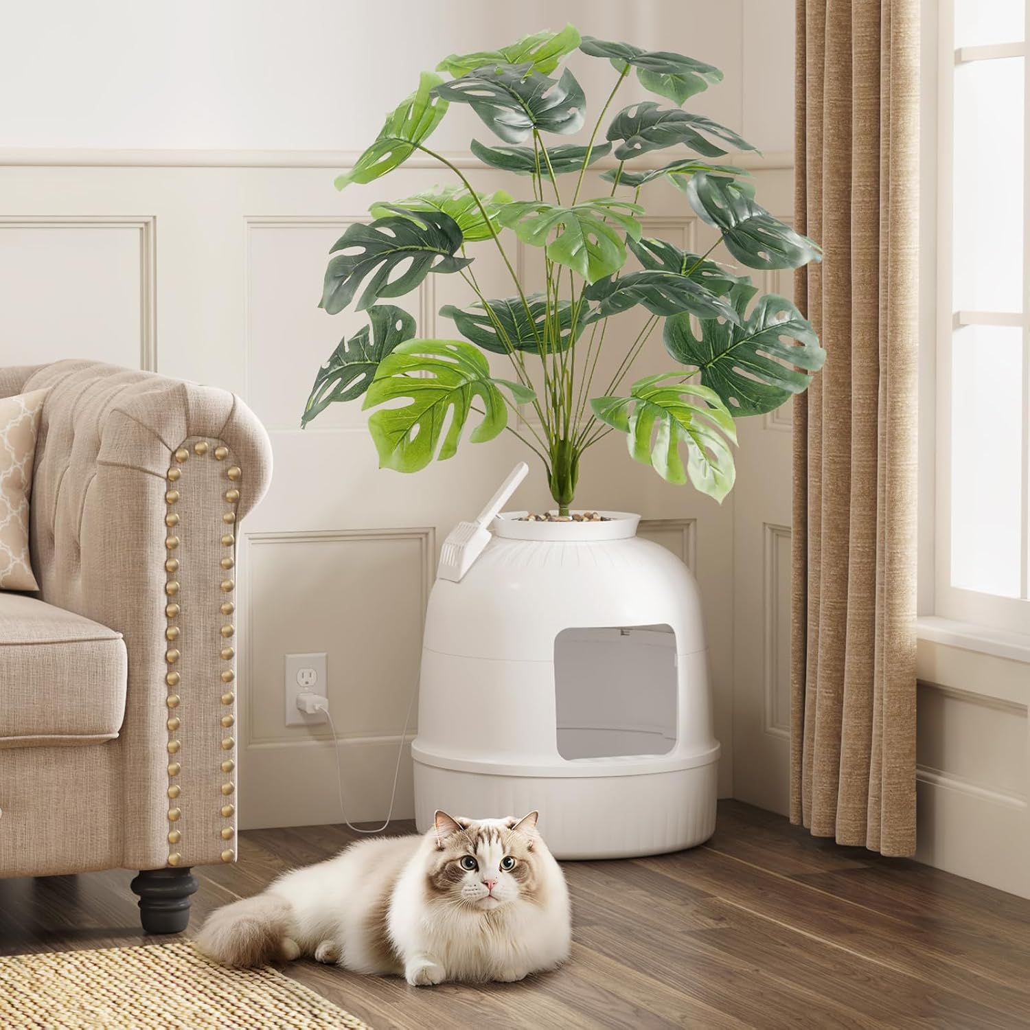 Lifewit Plant Cat Litter Box with Odor Removal System, Hidden Enclosure Litter Tray with Faux Plant & Scoop in Living Room, Bedroom, Corner, White image number 3