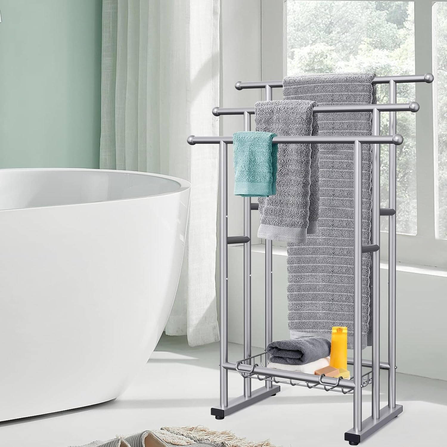 Kayfia 40/'' Tall Freestanding Towel Racks for Bathroom, 3 Tier Floor Rack with Storage Basket, Blanket Ladder Drying and Display Large Bath & Hand Outdoor Poolside (Silver), Grey (MJJ-FZ) image number 3